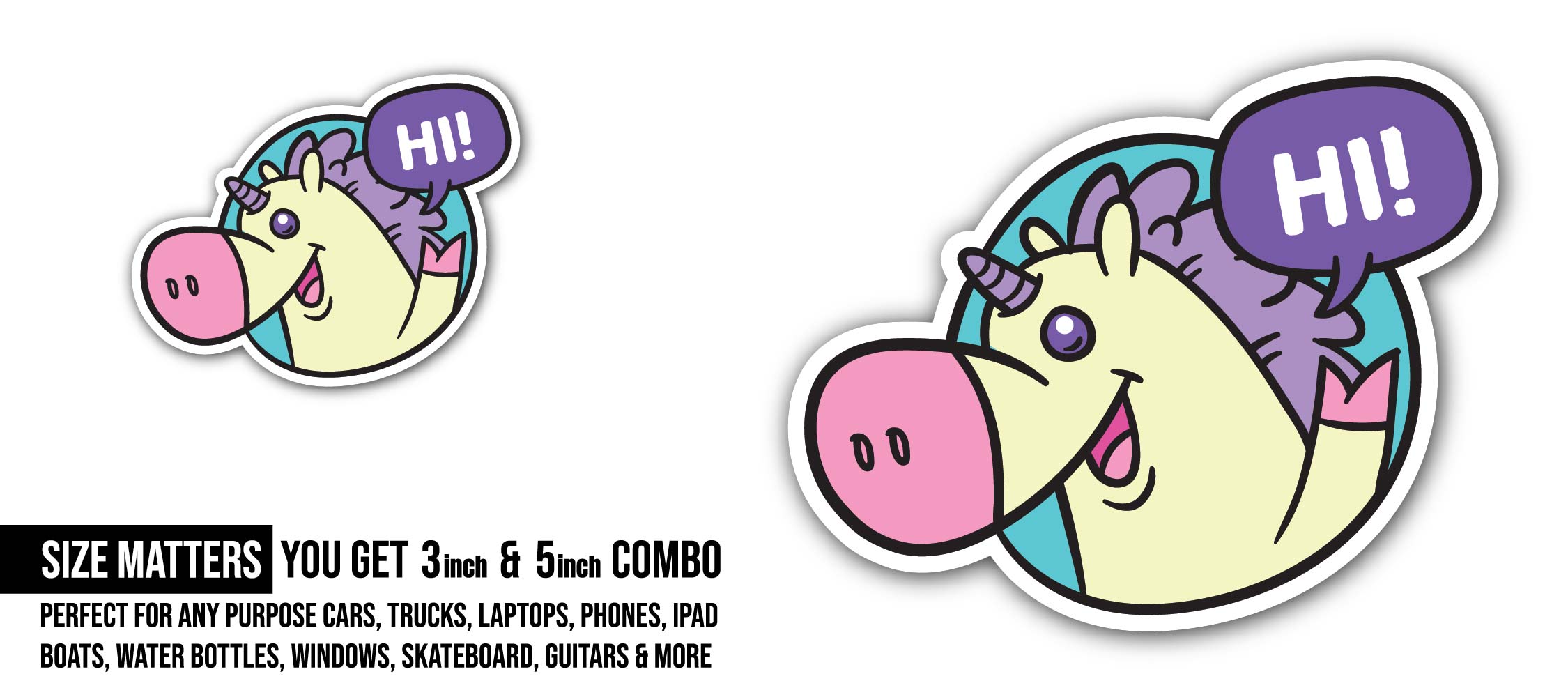 Derpy Unicorn Sticker, Waterproof Vinyl Decal Sticker Indoor Or Outdoor 2 (Pieces) 3" and 5"