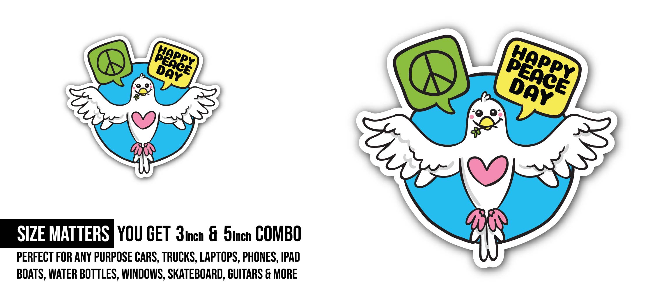 Dove of Peace Sticker, Waterproof Vinyl Decal Sticker Indoor Or Outdoor 2 (Pieces) 3" and 5"