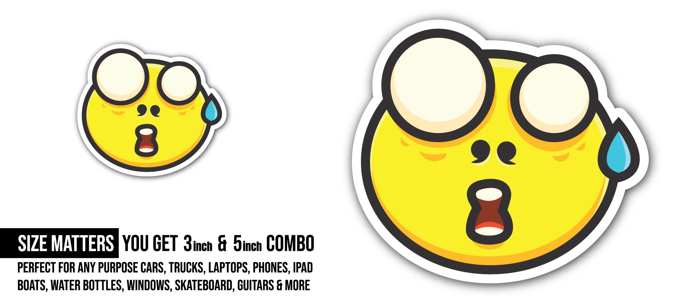 Wow Face Emoji Sticker, Waterproof Vinyl Decal Sticker Indoor Or Outdoor 2 (Pieces) 3" and 5"