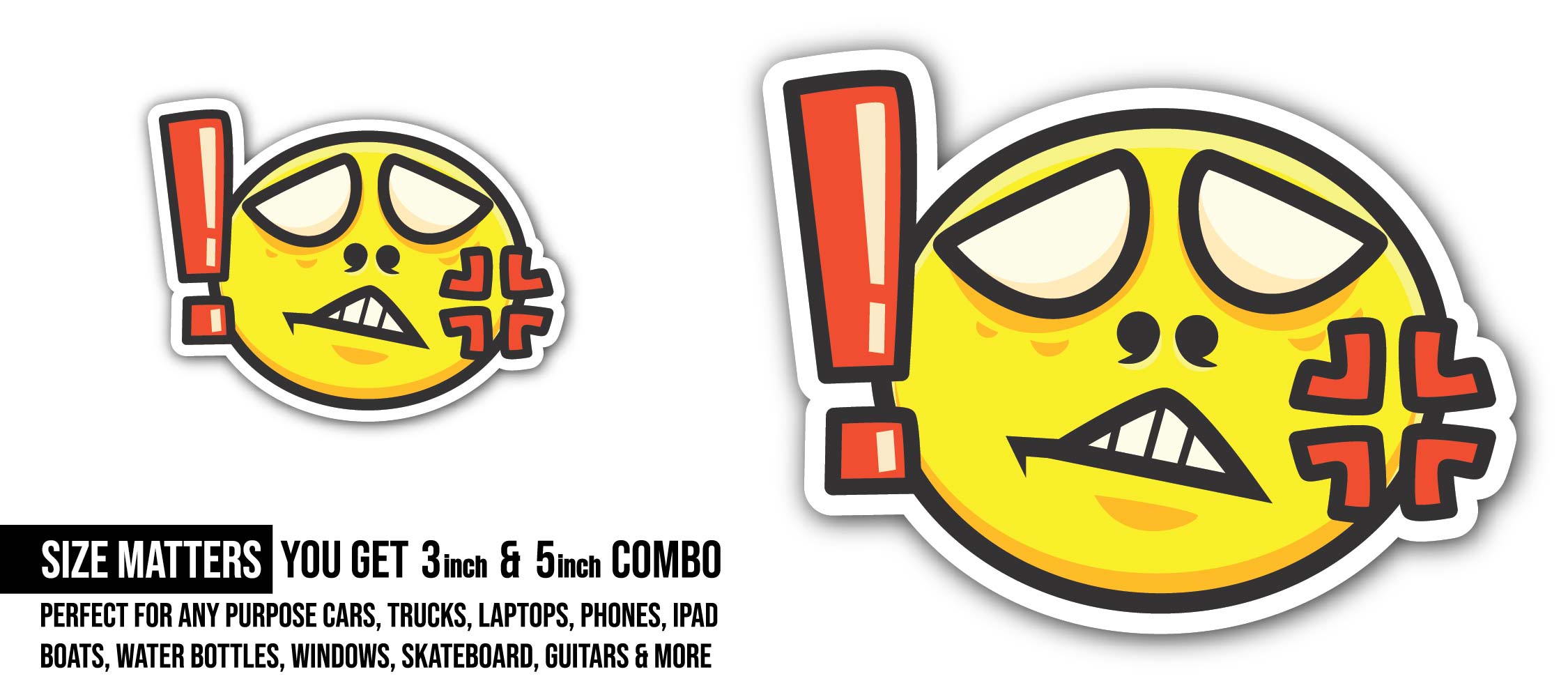 Angry Face Emoji Sticker, Waterproof Vinyl Decal Sticker Indoor Or Outdoor 2 (Pieces) 3" and 5"