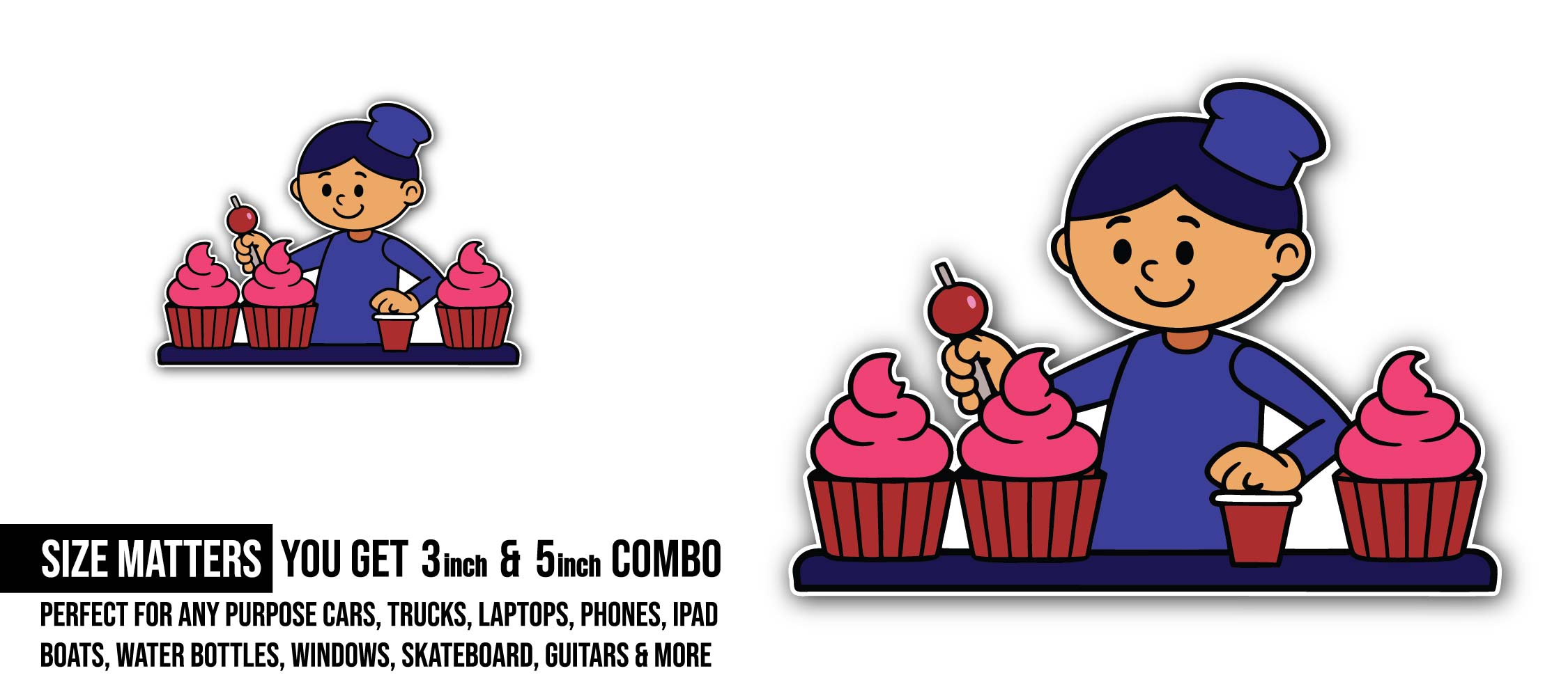 Cupcake Decorator Sticker, Waterproof Vinyl Decal Sticker Indoor Or Outdoor 2 (Pieces) 3" and 5"