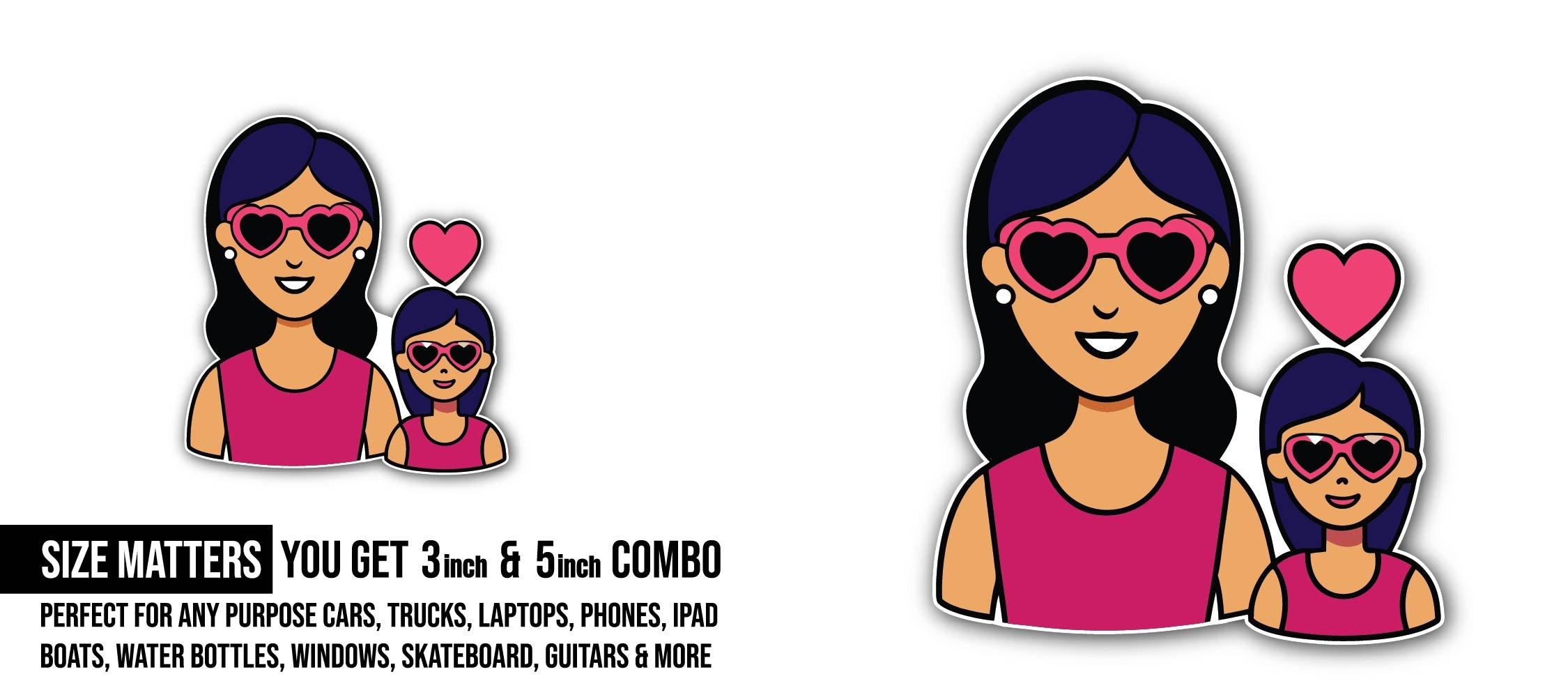 Mother and Daughter Love Sticker, Waterproof Vinyl Decal Sticker Indoor Or Outdoor 2 (Pieces) 3" and 5"