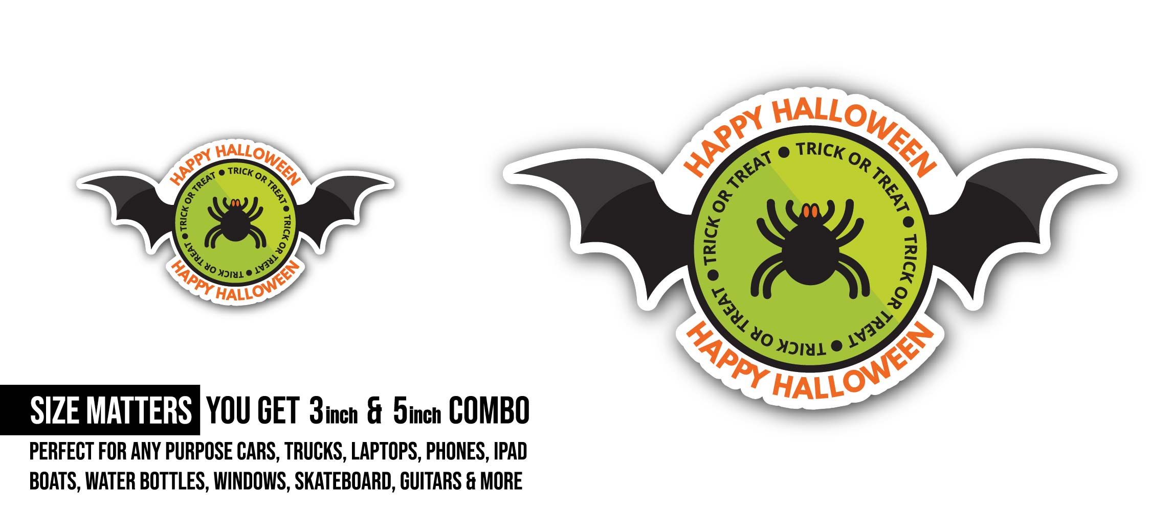 Happy Halloween Spider Sticker, Waterproof Vinyl Decal Sticker Indoor Or Outdoor 2 (Pieces) 3" and 5"