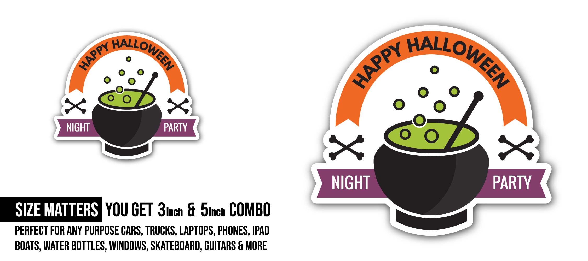 Halloween Witch Pot Sticker, Waterproof Vinyl Decal Sticker Indoor Or Outdoor 2 (Pieces) 3" and 5"