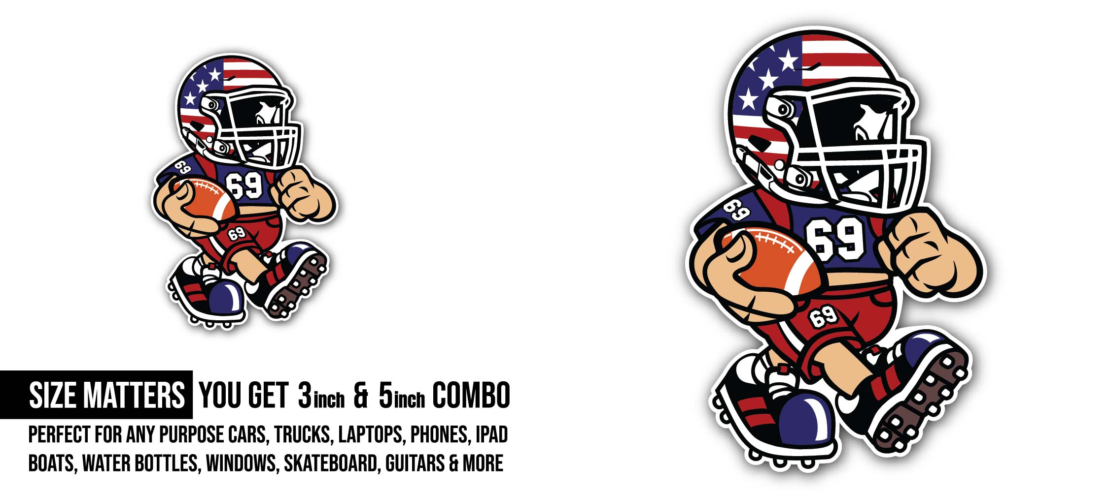 Cartoon American Football Player Sticker, Waterproof Vinyl Decal Sticker Indoor Or Outdoor 2 (Pieces) 3" and 5"