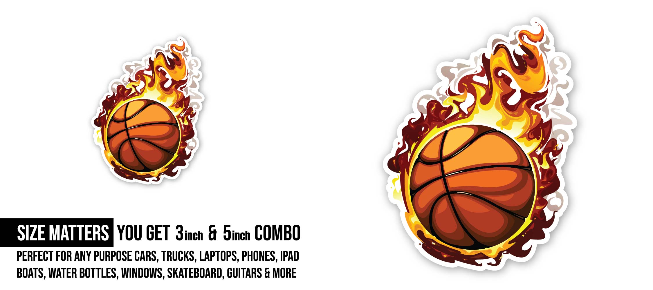 Fireball Basketball Sticker, Waterproof Vinyl Decal Sticker Indoor Or Outdoor 2 (Pieces) 3" and 5"