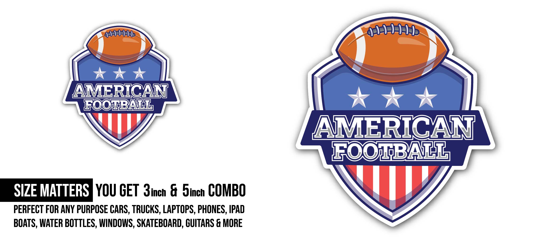 American football logo Sticker, Waterproof Vinyl Decal Sticker Indoor Or Outdoor 2 (Pieces) 3" and 5"