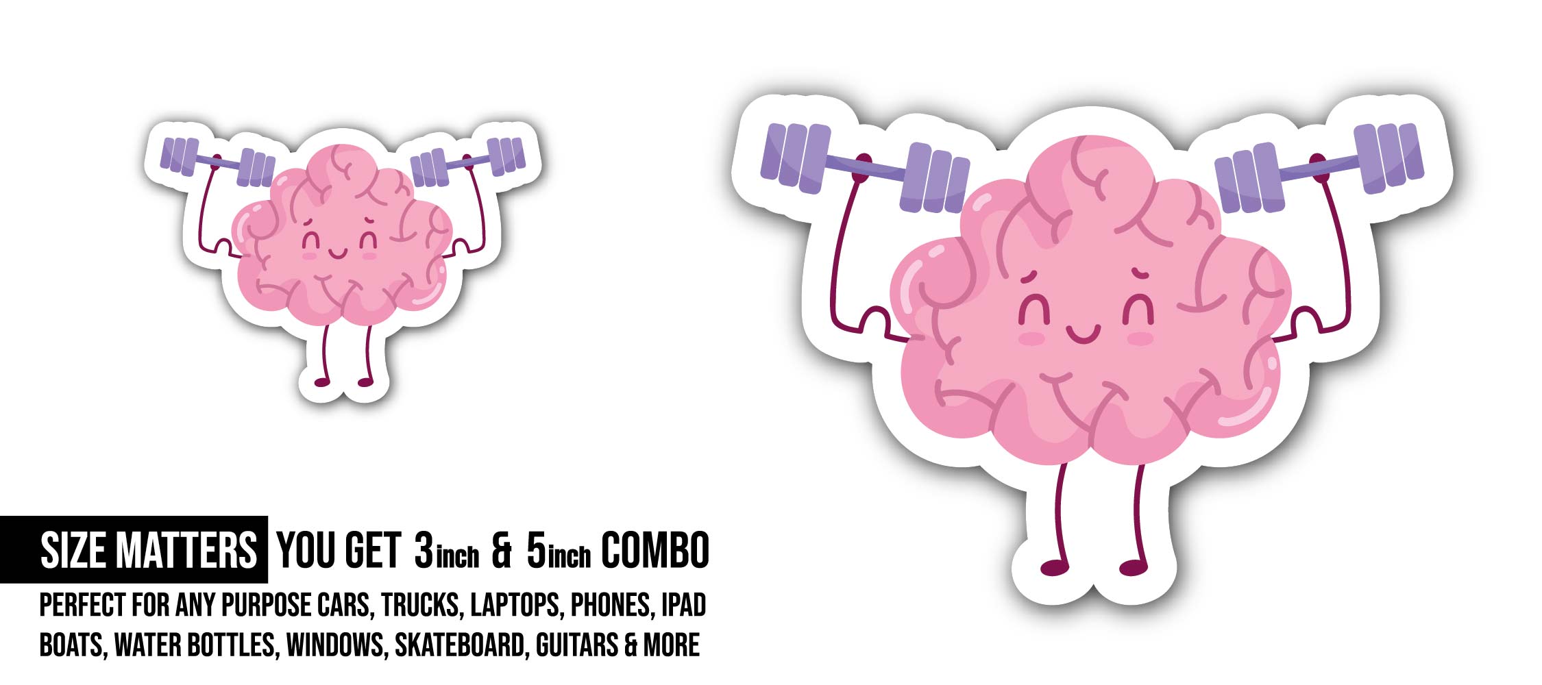 Cute Brain Making Exercise Sticker, Waterproof Vinyl Decal Sticker Indoor Or Outdoor 2 (Pieces) 3" and 5"