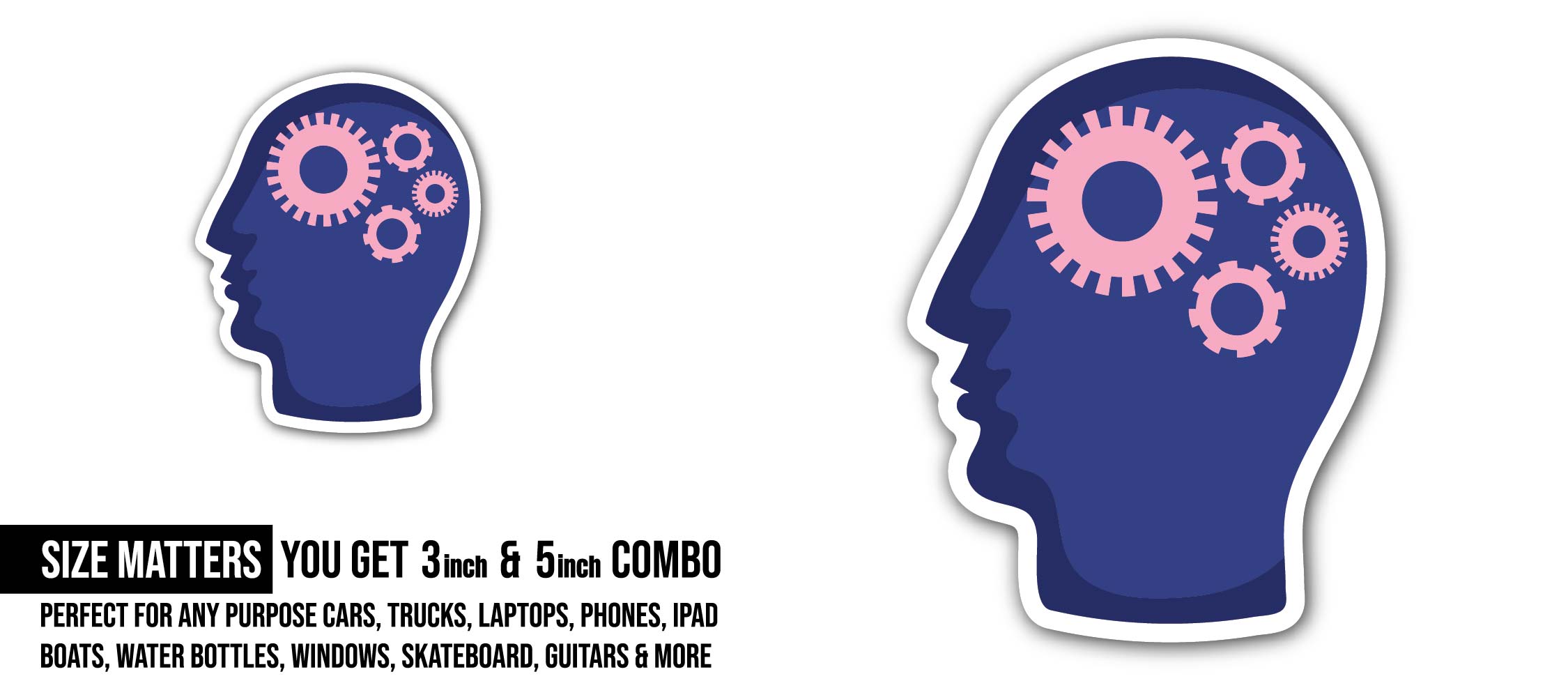 Human profile with gears Sticker, Waterproof Vinyl Decal Sticker Indoor Or Outdoor 2 (Pieces) 3" and 5"