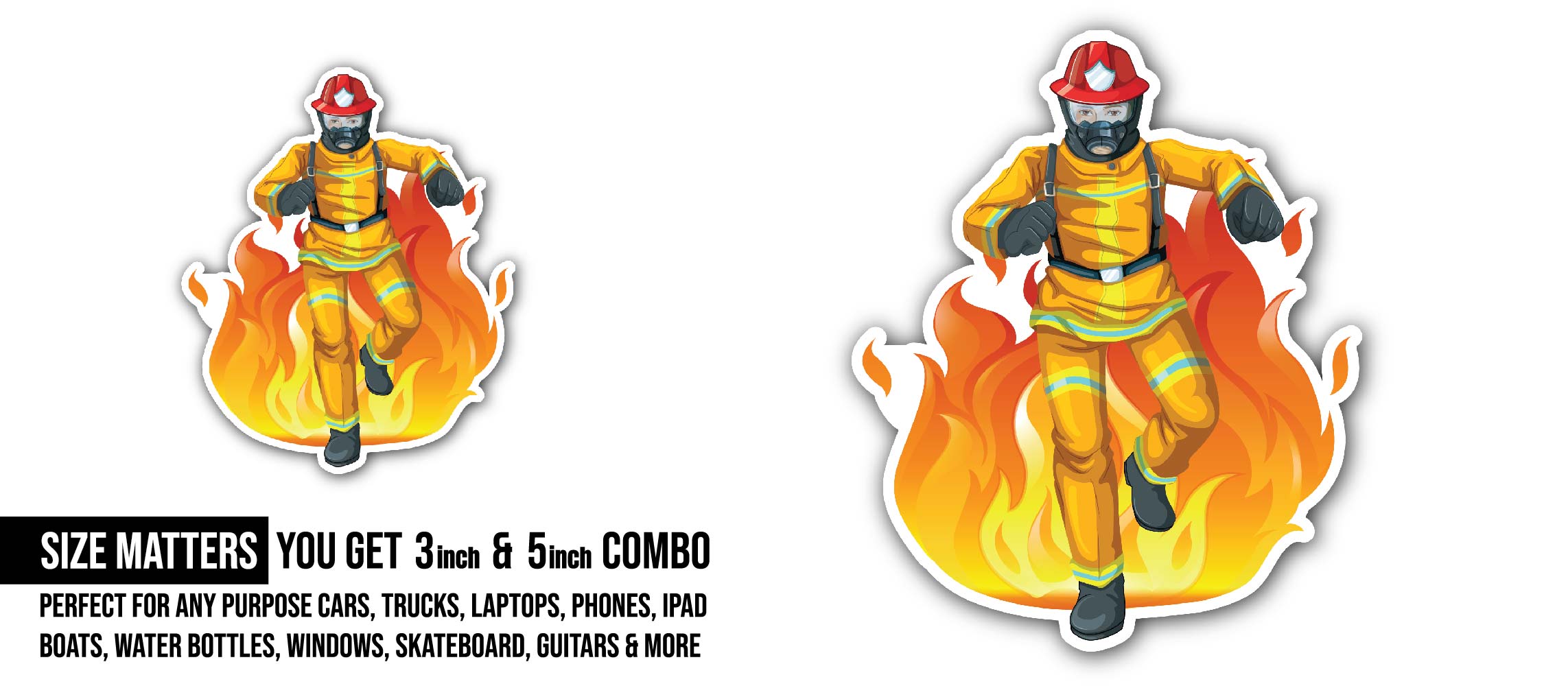 Firefighter in Action Sticker, Waterproof Vinyl Decal Sticker Indoor Or Outdoor 2 (Pieces) 3" and 5"
