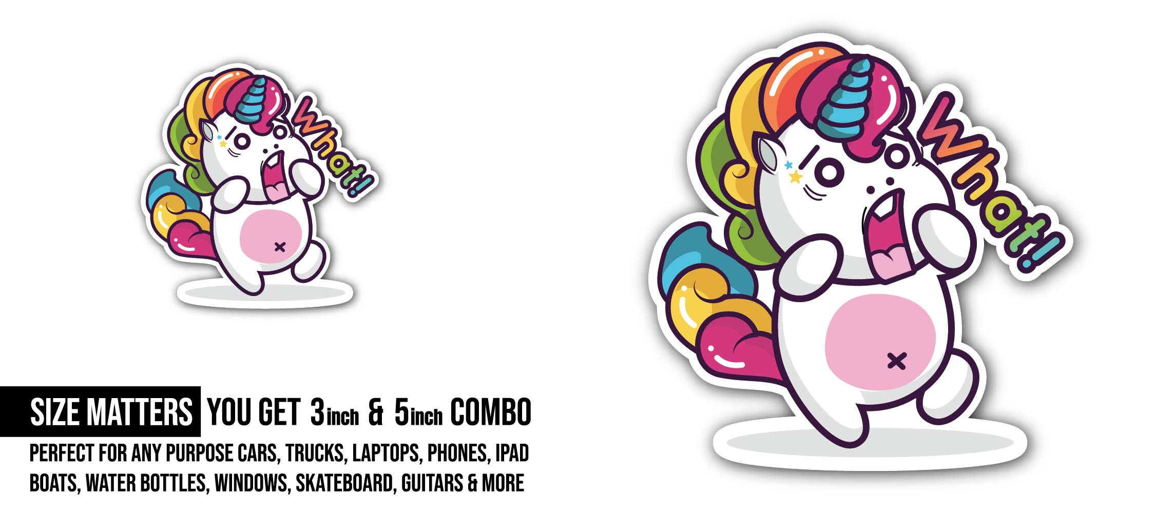 Rainbow Fatty Unicorn Sticker, Waterproof Vinyl Decal Sticker Indoor Or Outdoor 2 (Pieces) 3" and 5"