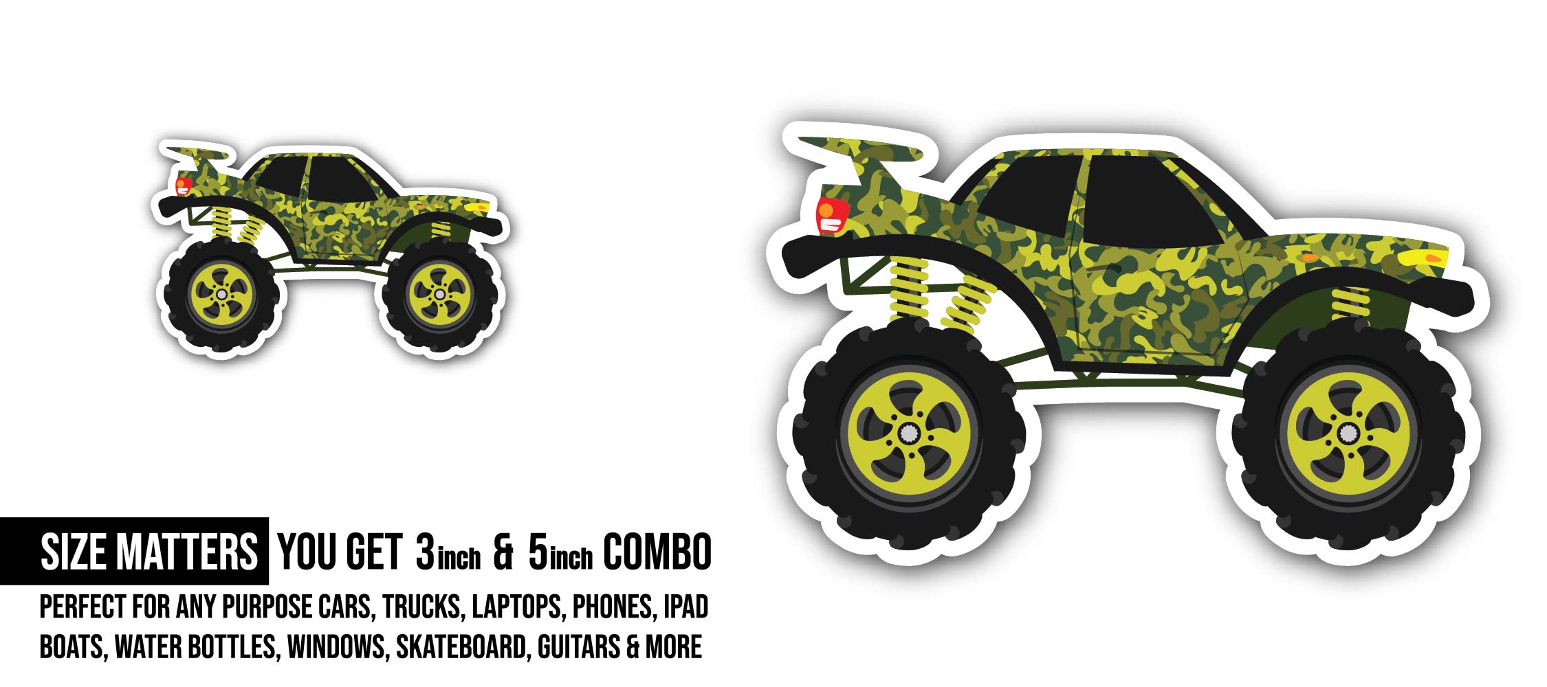 Monster Truck Sticker, Waterproof Vinyl Decal Sticker Indoor Or Outdoor 2 (Pieces) 3" and 5"