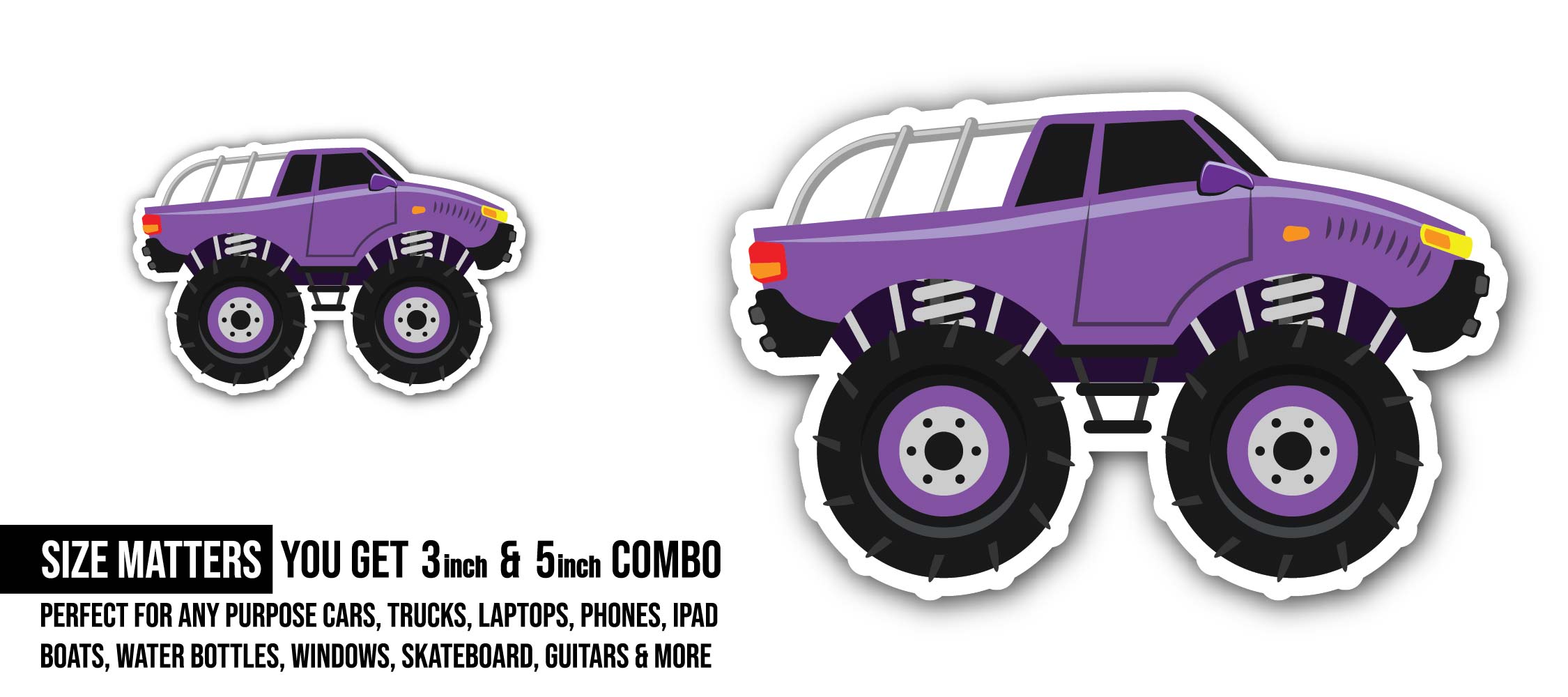 purple Monster Truck Sticker, Waterproof Vinyl Decal Sticker Indoor Or Outdoor 2 (Pieces) 3" and 5"