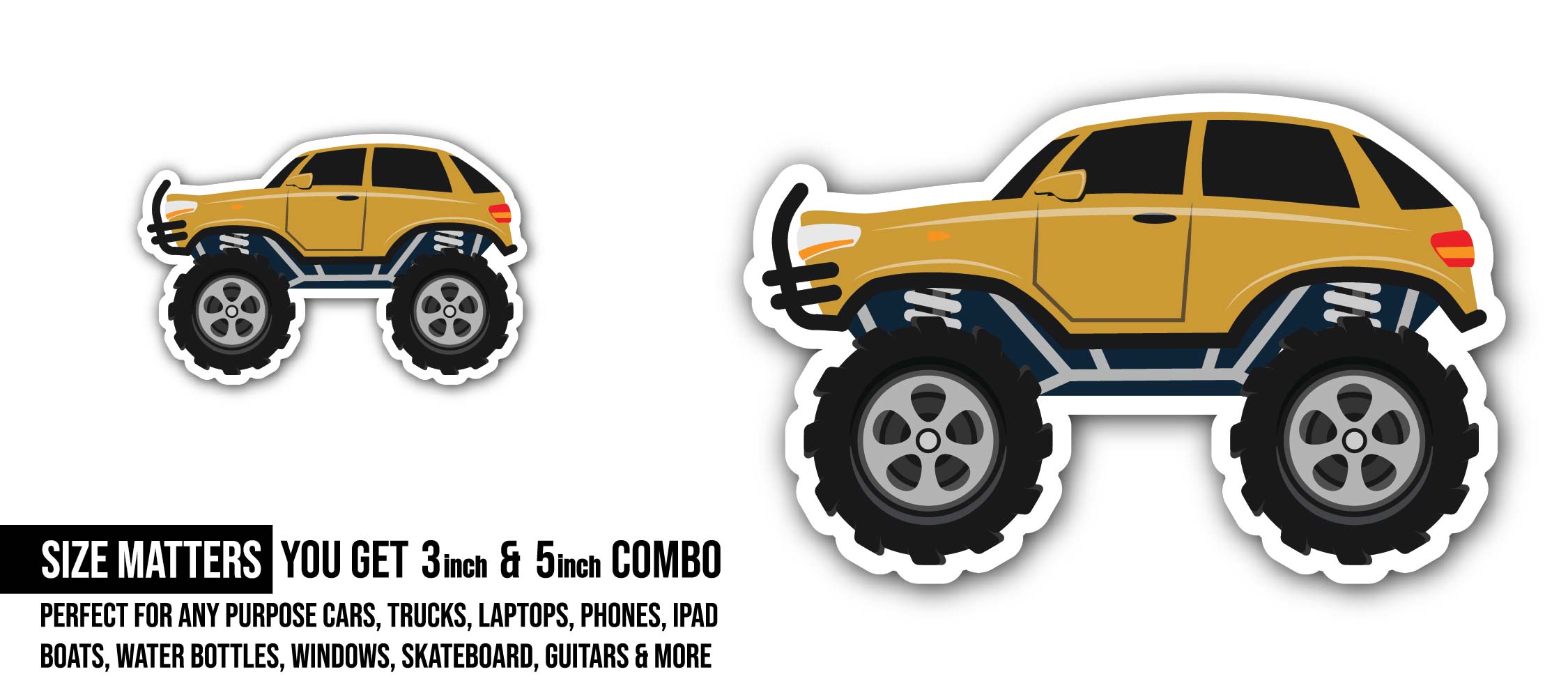 Yellow Monster Truck Sticker, Waterproof Vinyl Decal Sticker Indoor Or Outdoor 2 (Pieces) 3" and 5"