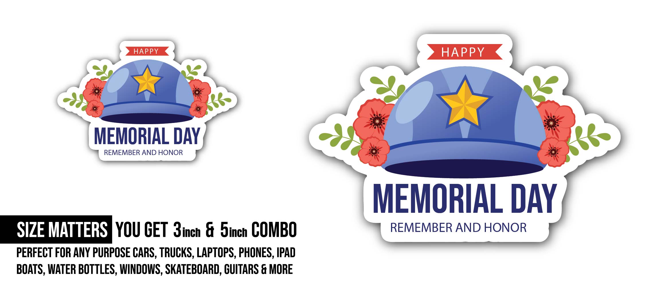 Memorial Day Sticker, Waterproof Vinyl Decal Sticker Indoor Or Outdoor 2 (Pieces) 3" and 5"