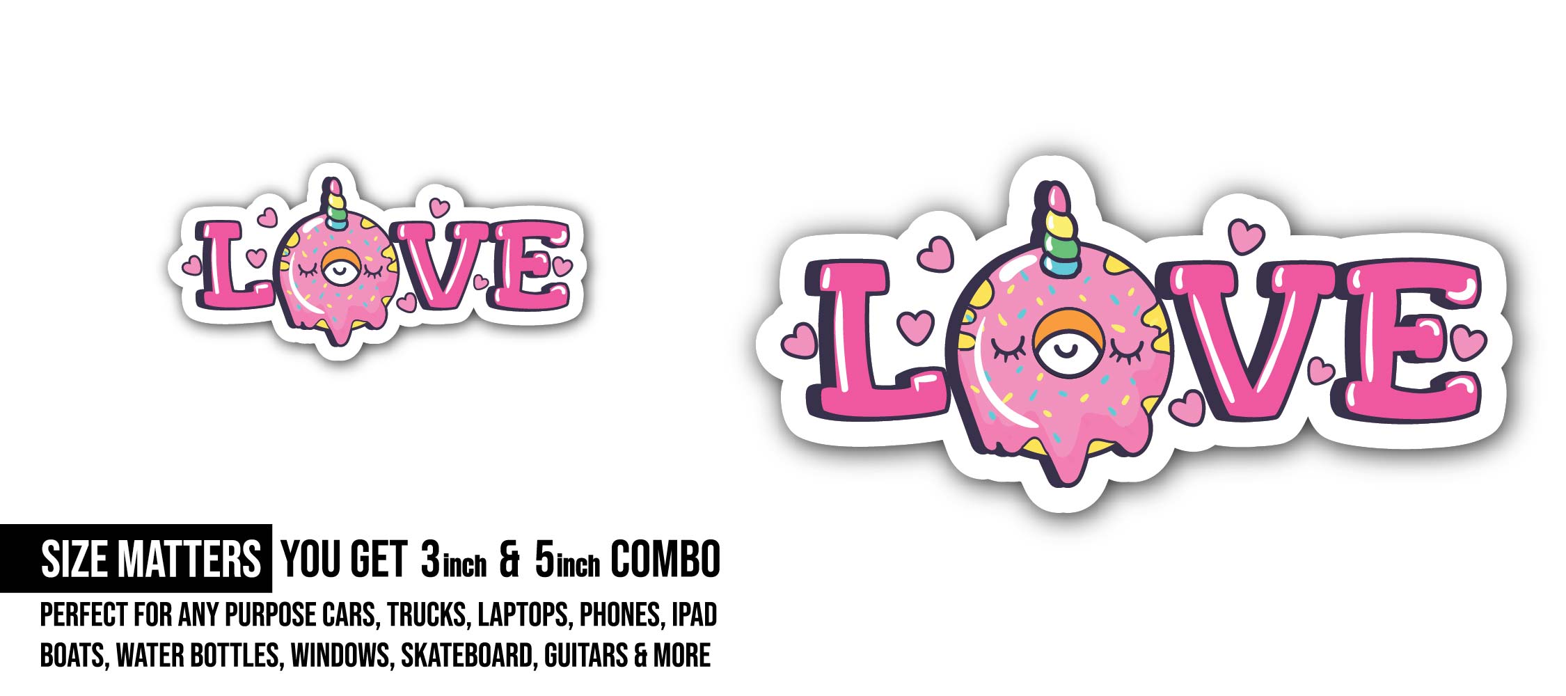 Kawaii Unicorn Love Sticker, Waterproof Vinyl Decal Sticker Indoor Or Outdoor 2 (Pieces) 3" and 5"