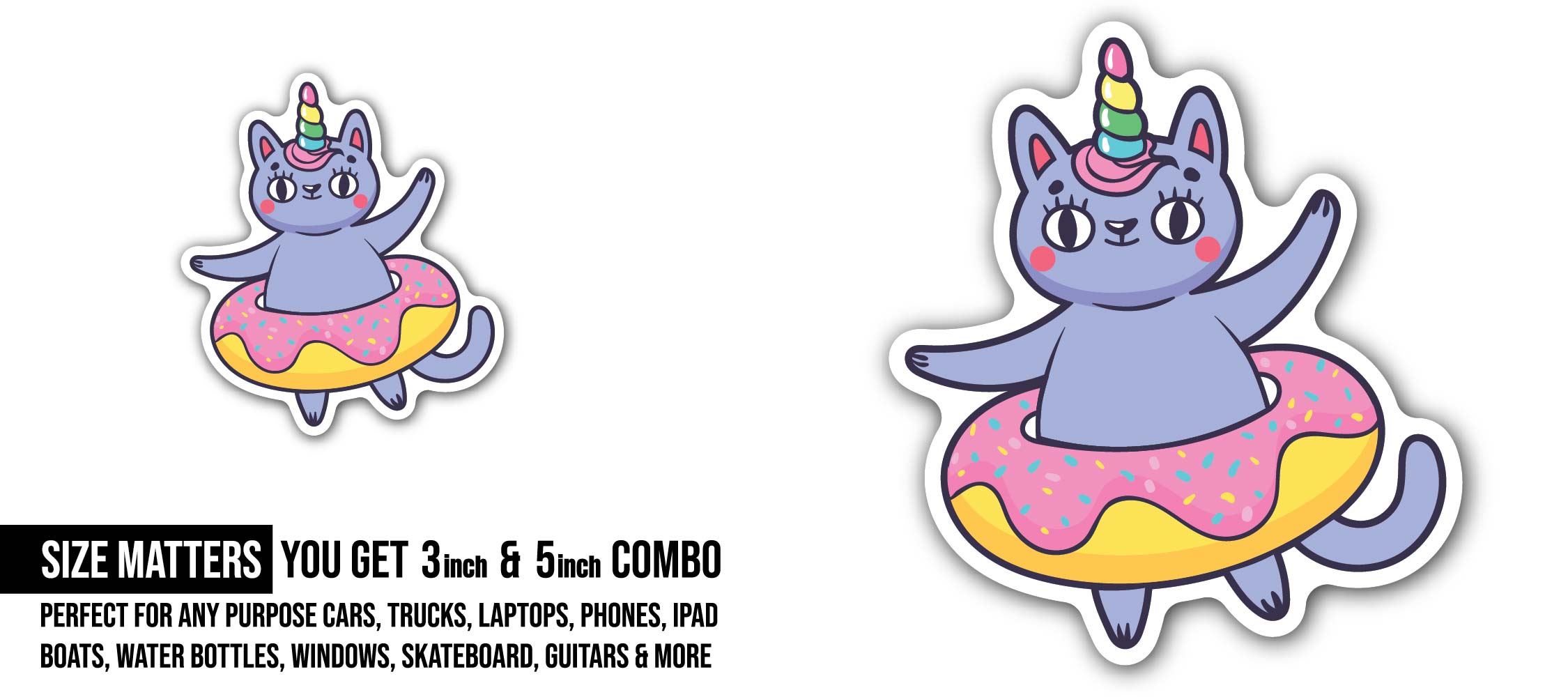 Unicorn Cat Donuts Sticker, Waterproof Vinyl Decal Sticker Indoor Or Outdoor 2 (Pieces) 3" and 5"