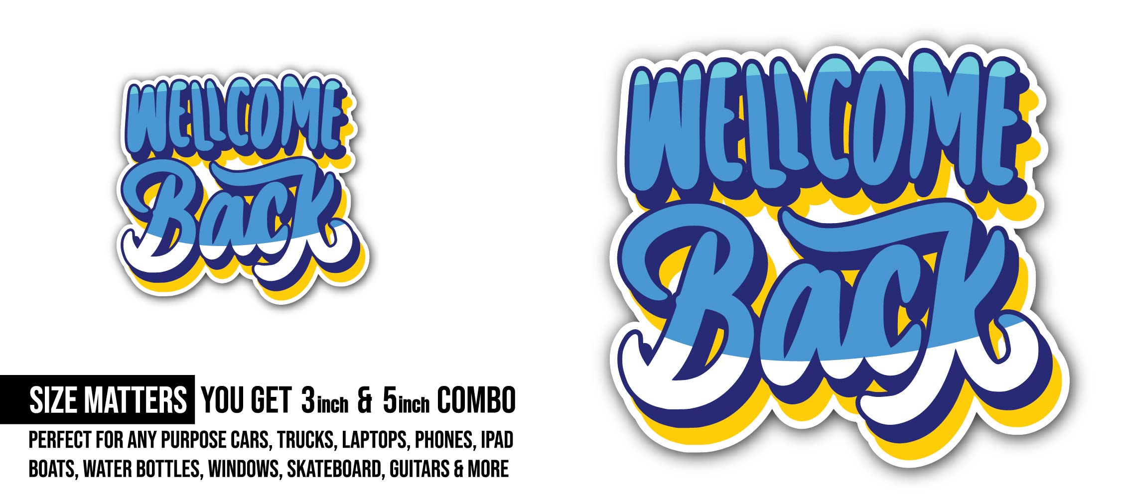 Welcome Back Sticker, Waterproof Vinyl Decal Sticker Indoor Or Outdoor 2 (Pieces) 3" and 5"