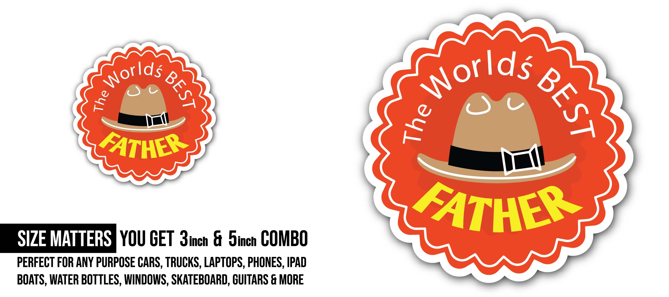 World's Best Father Sticker, Waterproof Vinyl Decal Sticker Indoor Or Outdoor 2 (Pieces) 3" and 5"