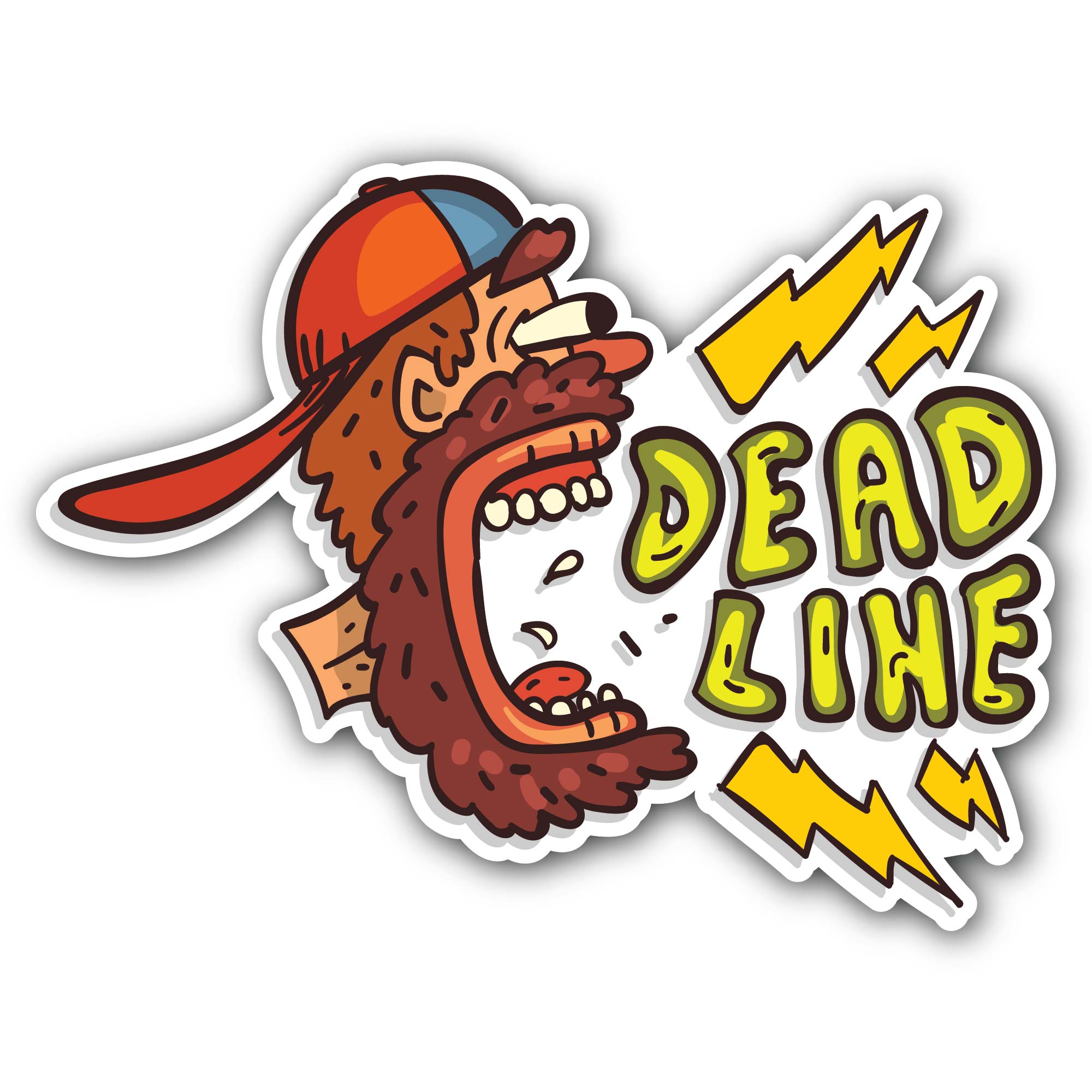Bearded man screaming deadline word time Sticker, Waterproof Vinyl Decal Sticker Indoor Or Outdoor 2 (Pieces) 3" and 5"