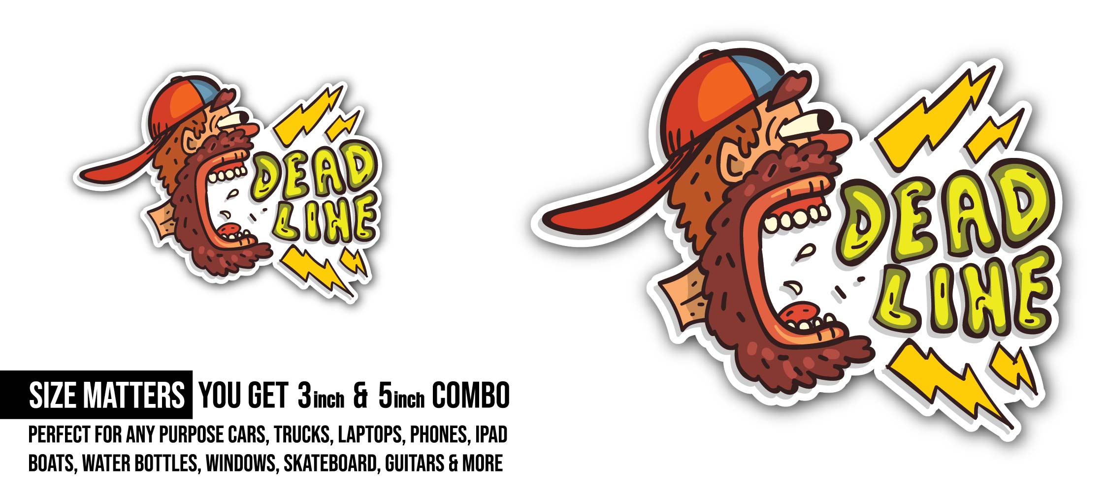 Bearded man screaming deadline word time Sticker, Waterproof Vinyl Decal Sticker Indoor Or Outdoor 2 (Pieces) 3" and 5"