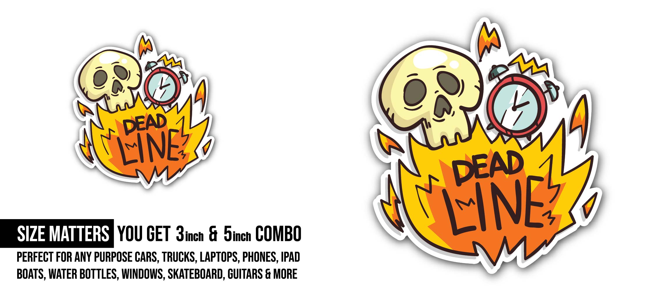 Skull Alarm Clock And Deadline Word Sticker, Waterproof Vinyl Decal Sticker Indoor Or Outdoor 2 (Pieces) 3" and 5"