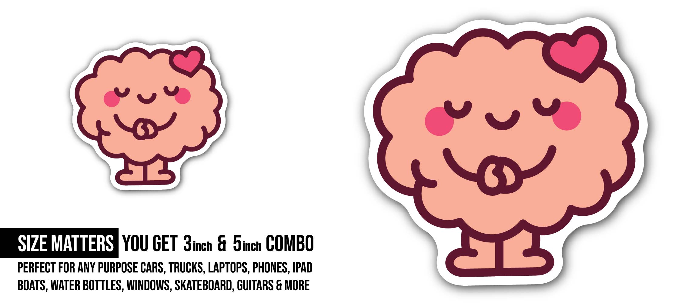 Cute Brain Sticker, Waterproof Vinyl Decal Sticker Indoor Or Outdoor 2 (Pieces) 3" and 5"