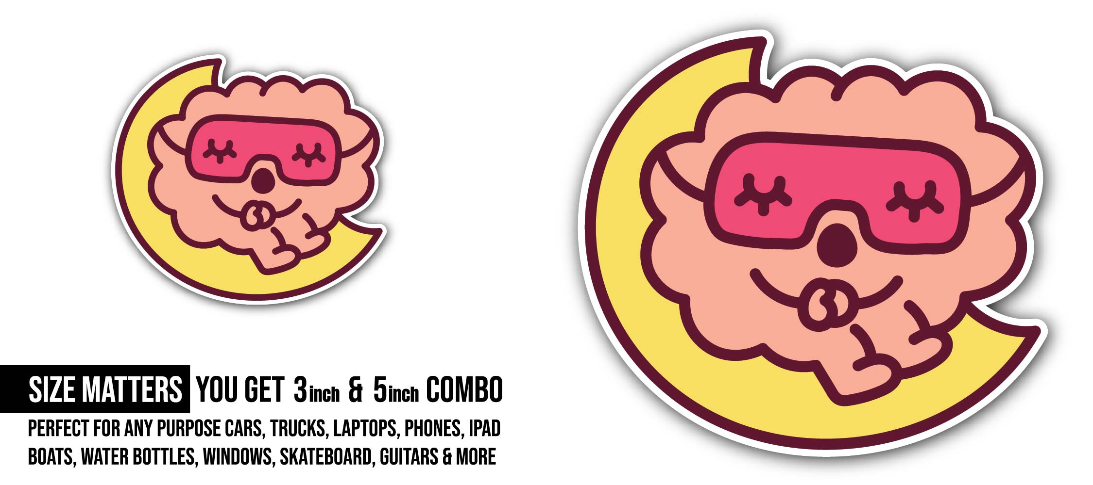 Moon & Sweet Dreams Brain Sticker, Waterproof Vinyl Decal Sticker Indoor Or Outdoor 2 (Pieces) 3" and 5"