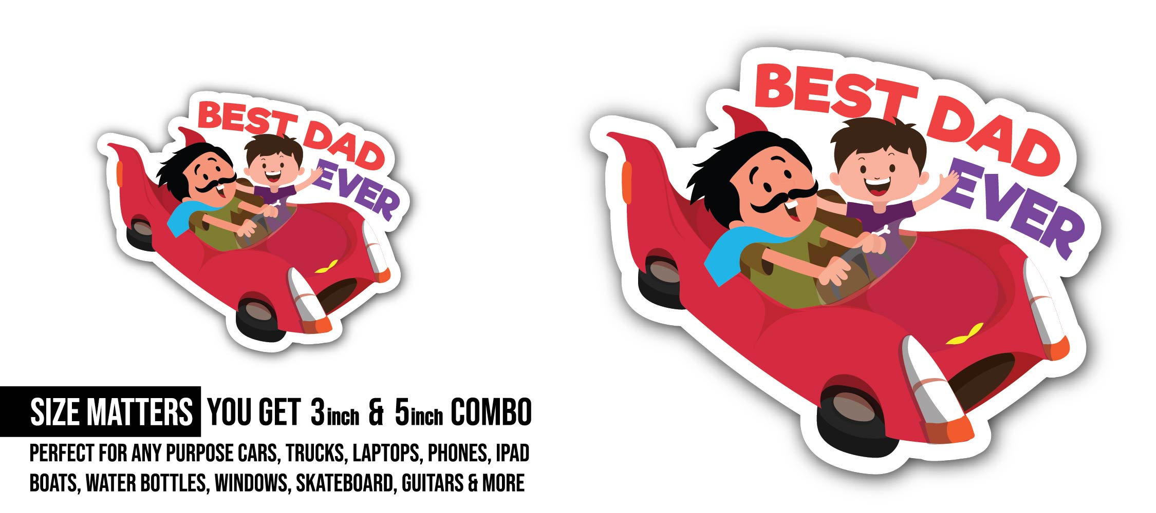 Happy Father's Day Sticker, Waterproof Vinyl Decal Sticker Indoor Or Outdoor 2 (Pieces) 3" and 5"