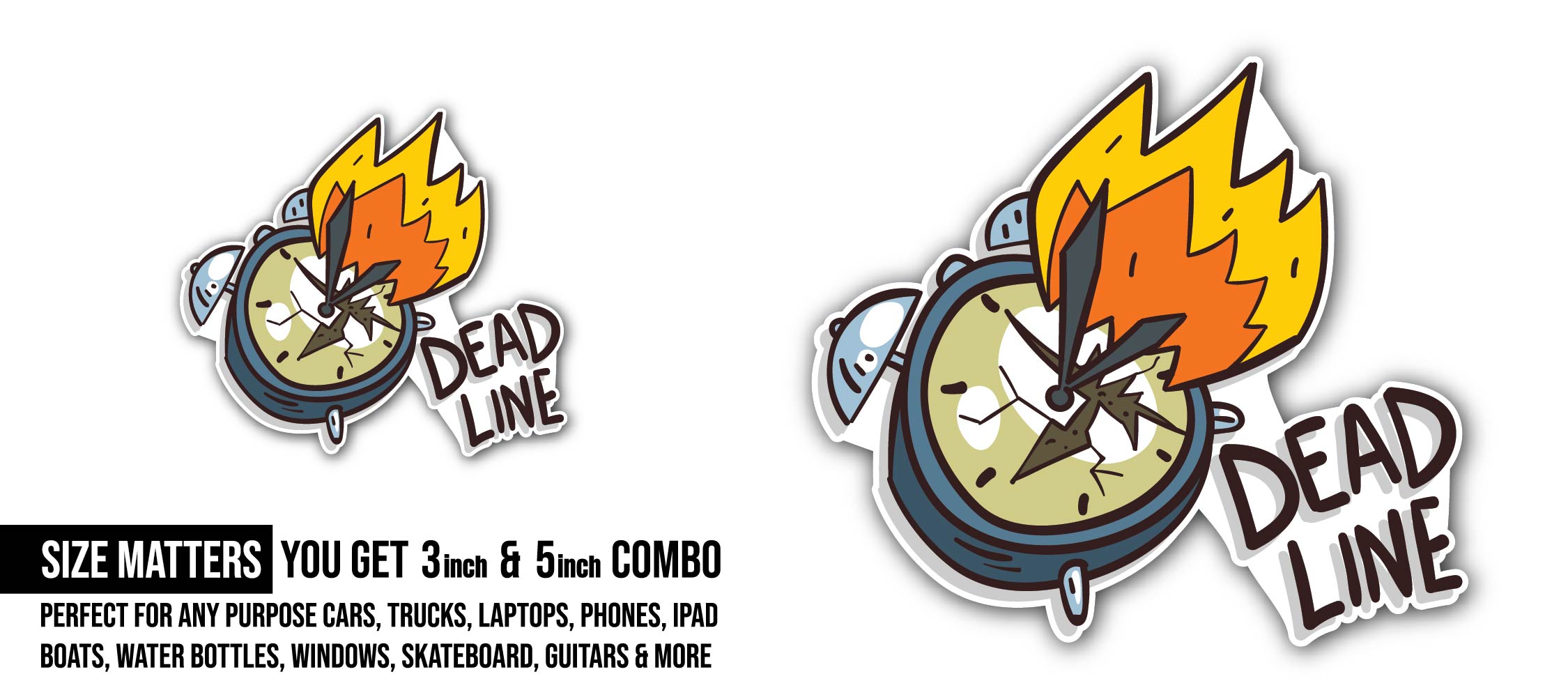 Burning Alarm Clock and Deadline Sticker, Waterproof Vinyl Decal Sticker Indoor Or Outdoor 2 (Pieces) 3" and 5"