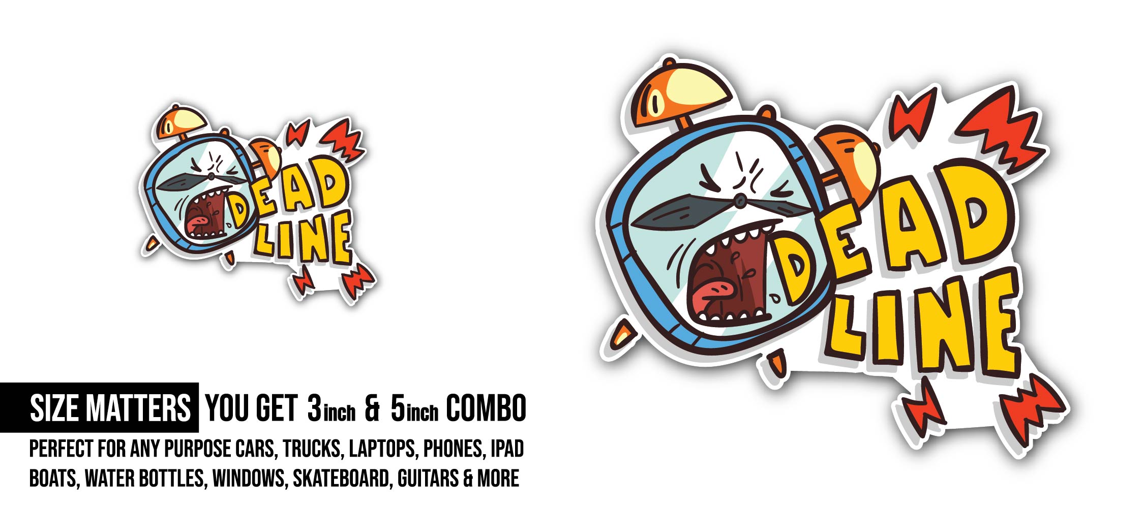 Alarm Clock Screaming Deadline Sticker, Waterproof Vinyl Decal Sticker Indoor Or Outdoor 2 (Pieces) 3" and 5"