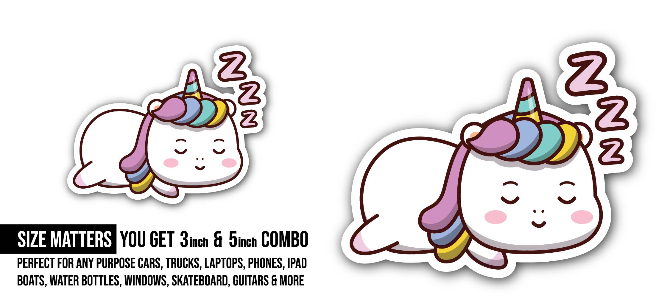 Cute unicorn sleeping cartoon Sticker, Waterproof Vinyl Decal Sticker Indoor Or Outdoor 2 (Pieces) 3" and 5"