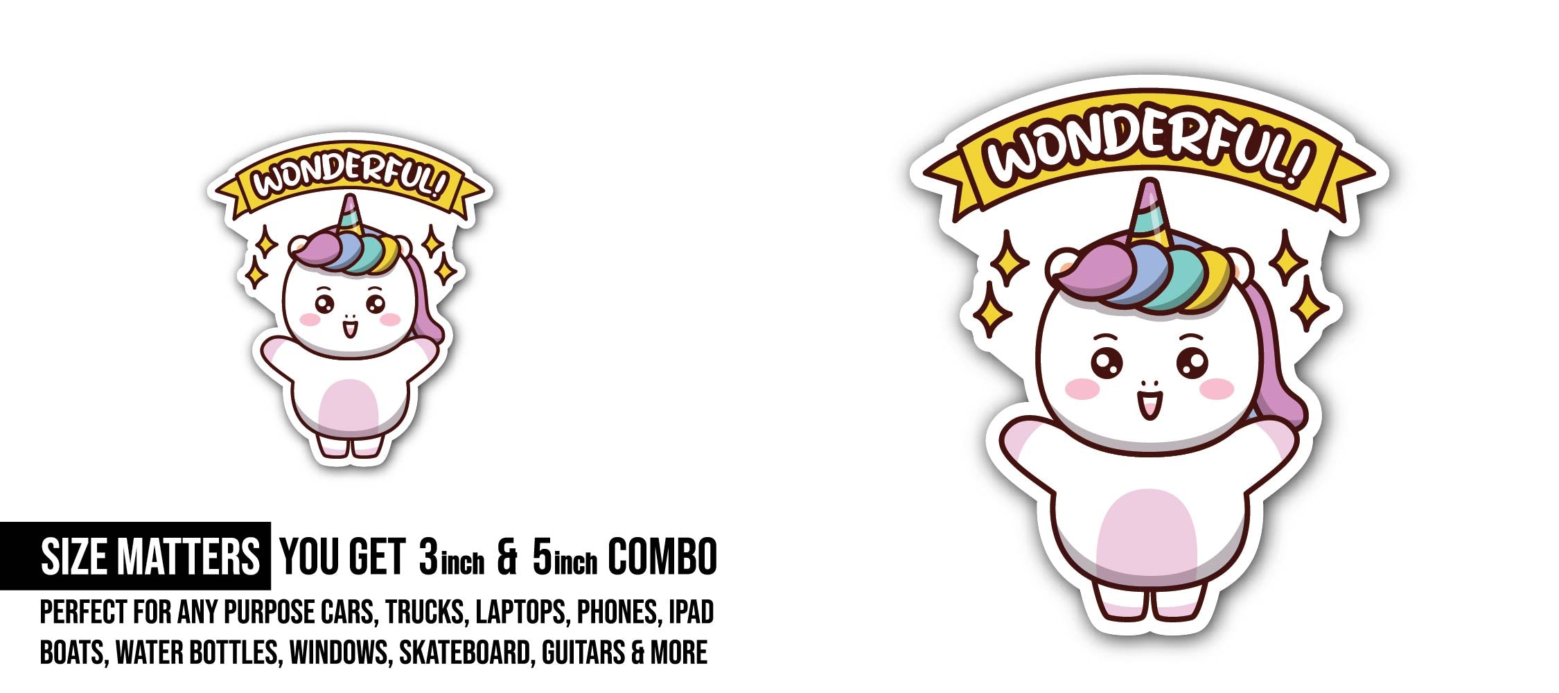 Little Unicorn Sticker, Waterproof Vinyl Decal Sticker Indoor Or Outdoor 2 (Pieces) 3" and 5"
