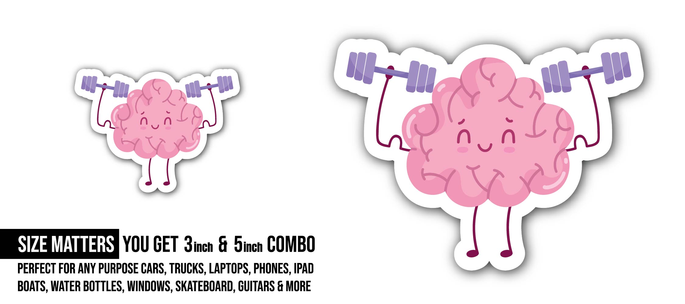 Cute Brain Making Exercise Sticker, Waterproof Vinyl Decal Sticker Indoor Or Outdoor 2 (Pieces) 3" and 5"