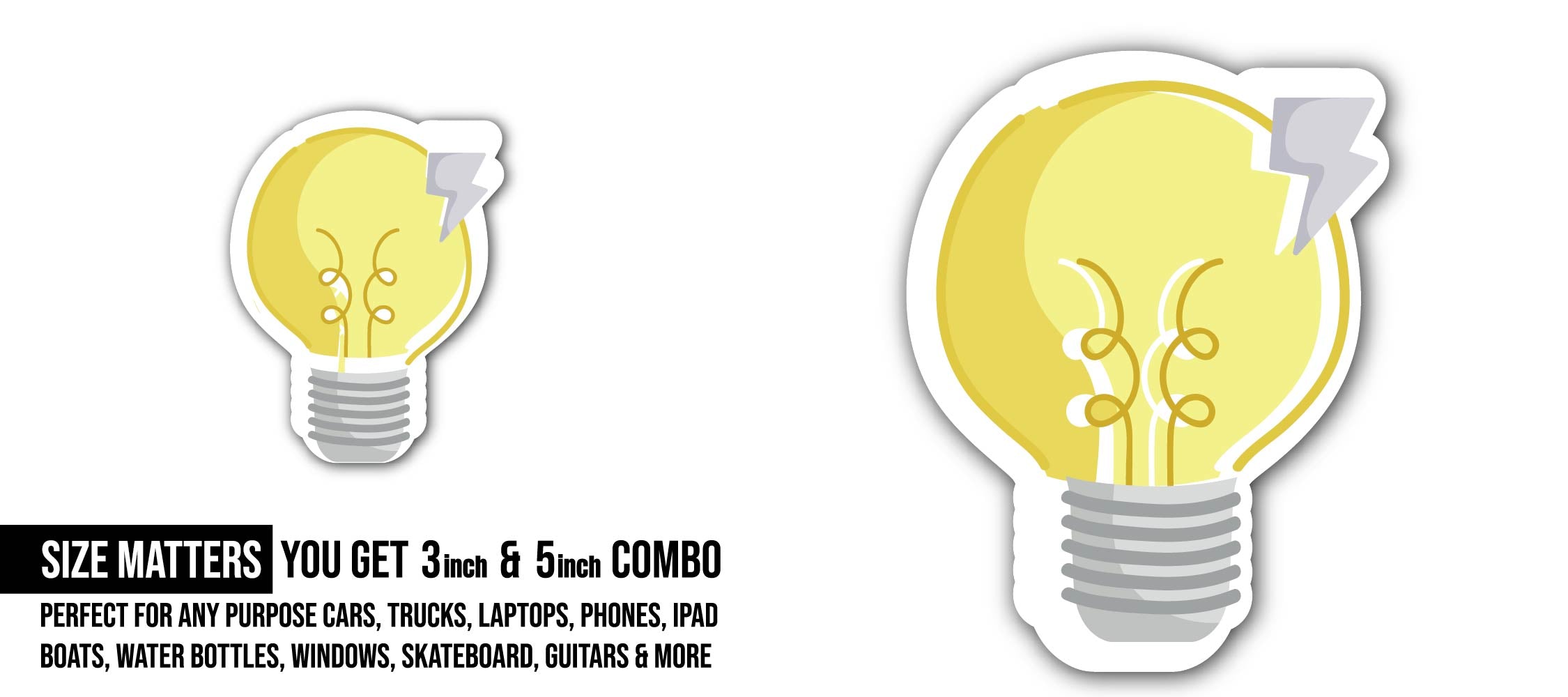 light bulb with lightning Sticker, Waterproof Vinyl Decal Sticker Indoor Or Outdoor 2 (Pieces) 3" and 5"