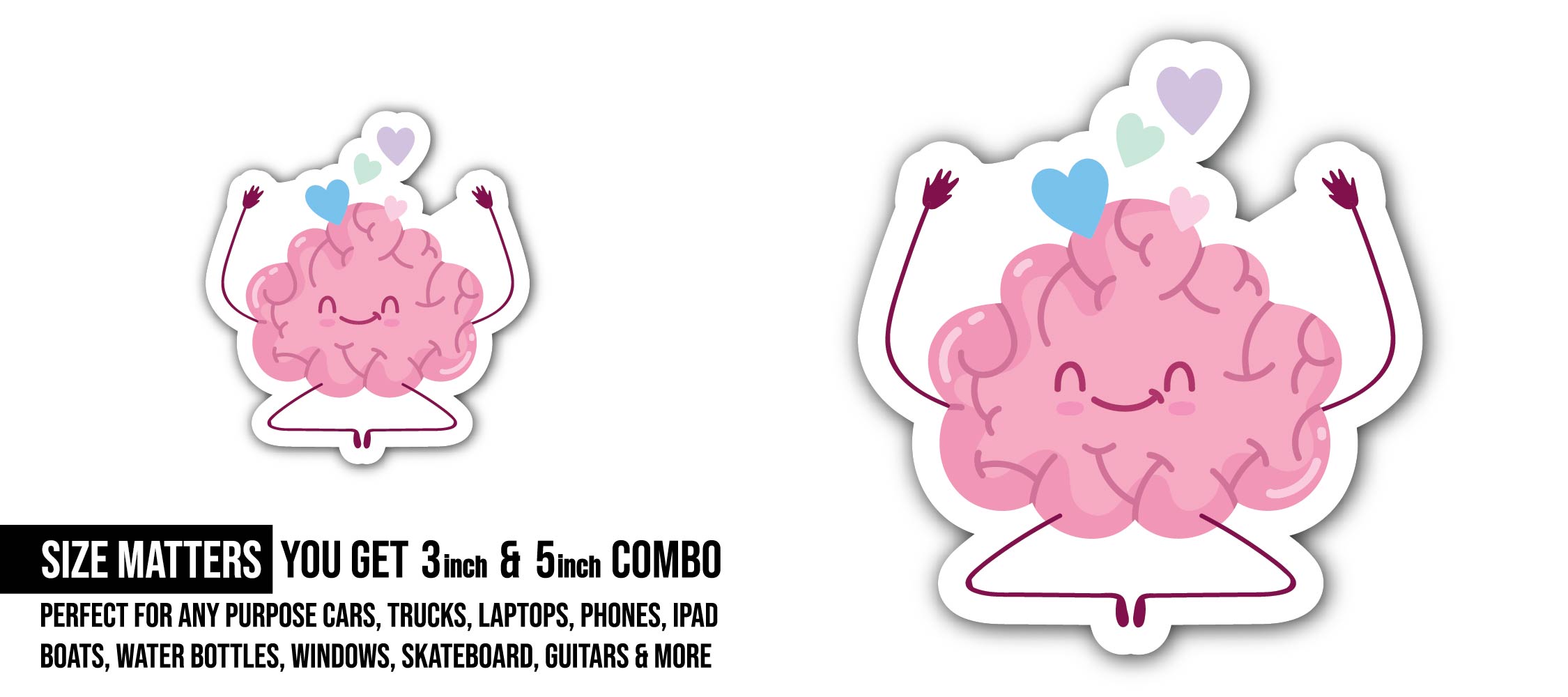 Cute Brain Sticker, Waterproof Vinyl Decal Sticker Indoor Or Outdoor 2 (Pieces) 3" and 5"