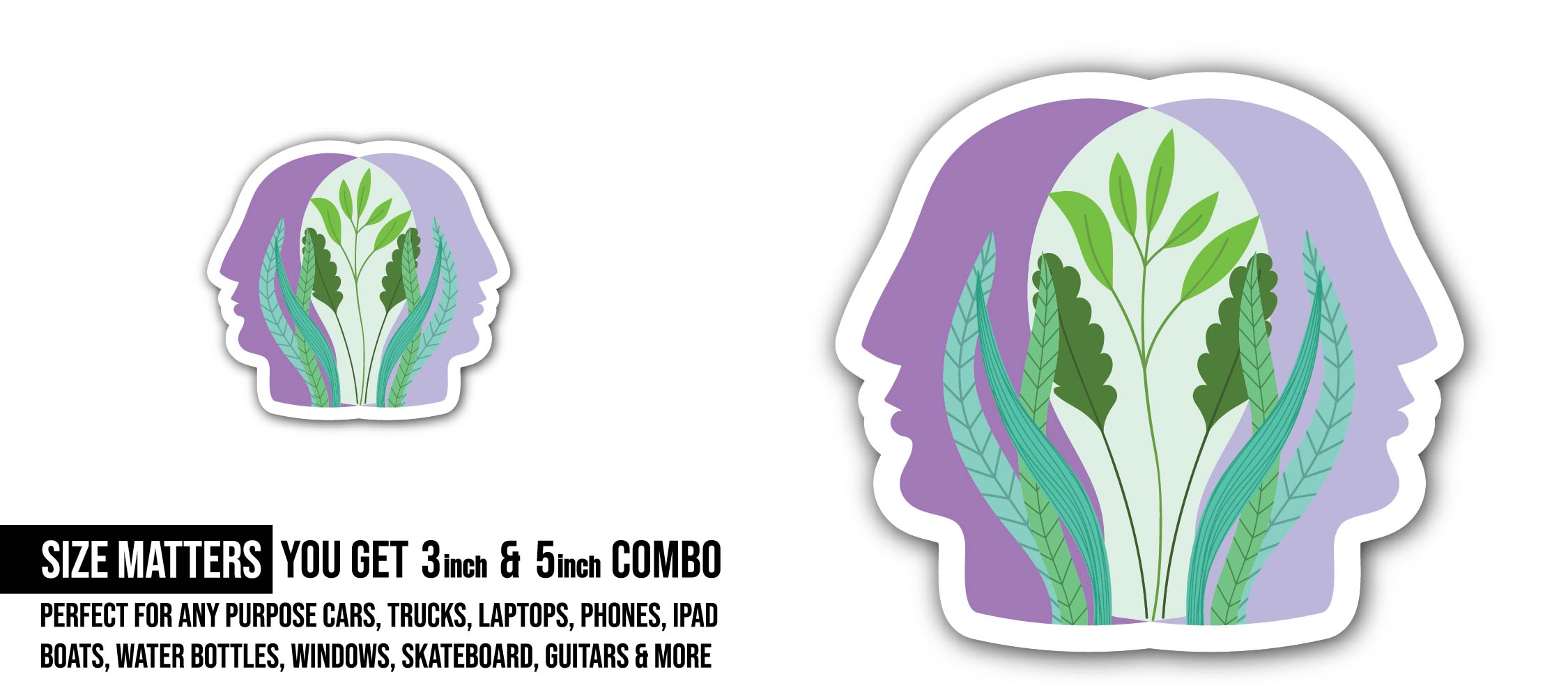 plants in human heads Sticker, Waterproof Vinyl Decal Sticker Indoor Or Outdoor 2 (Pieces) 3" and 5"