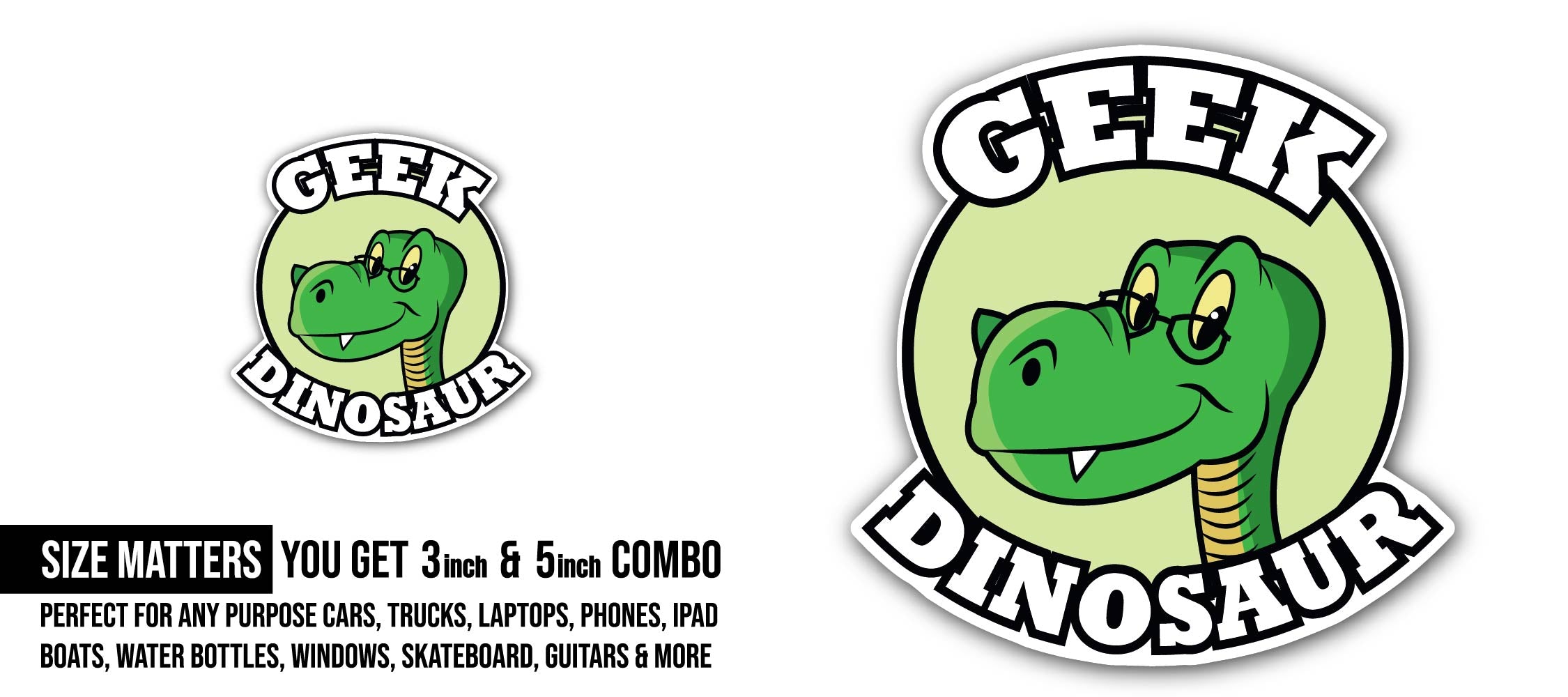 Geek Dinosaur Sticker, Waterproof Vinyl Decal Sticker Indoor Or Outdoor 2 (Pieces) 3" and 5"