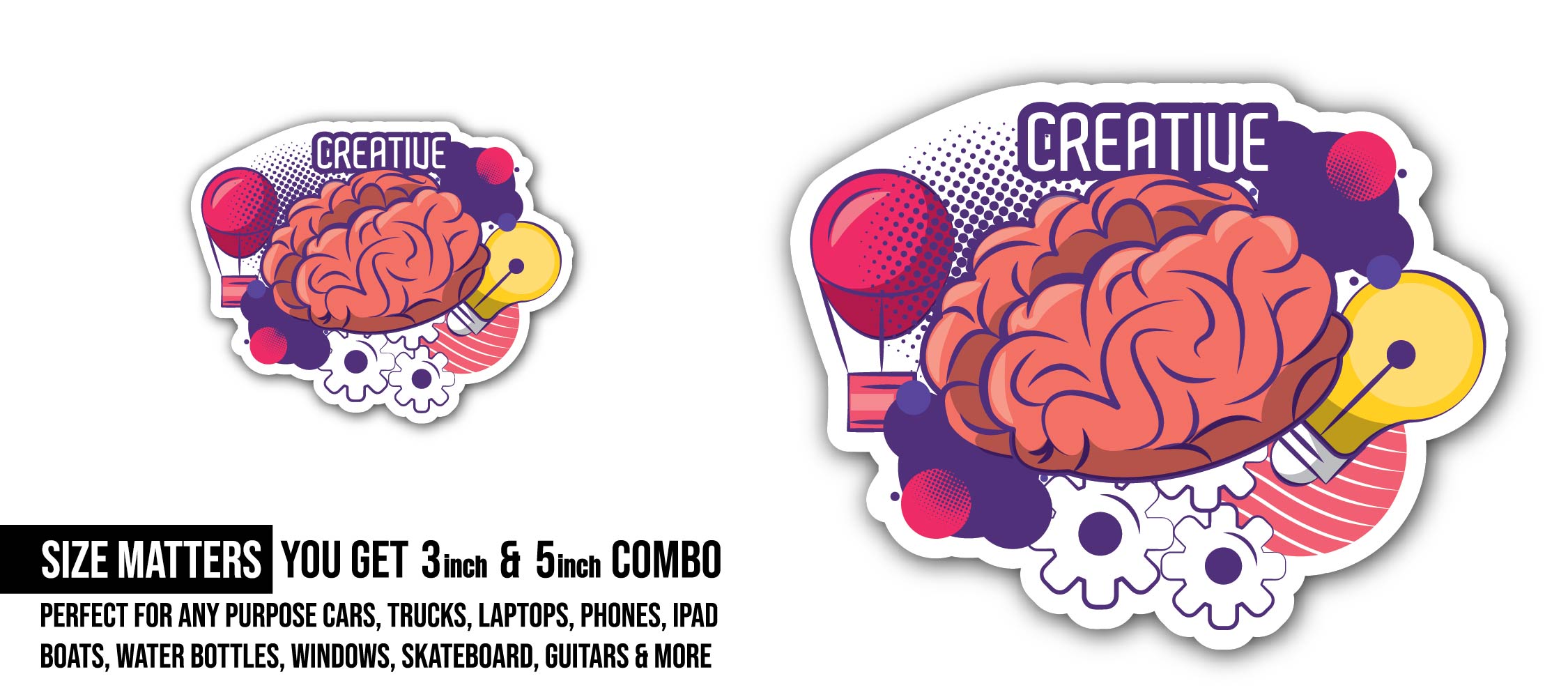 Creative colors and ideas with brain and big idea cartoon Sticker, Waterproof Vinyl Decal Sticker Indoor Or Outdoor 2 (Pieces) 3" and 5"