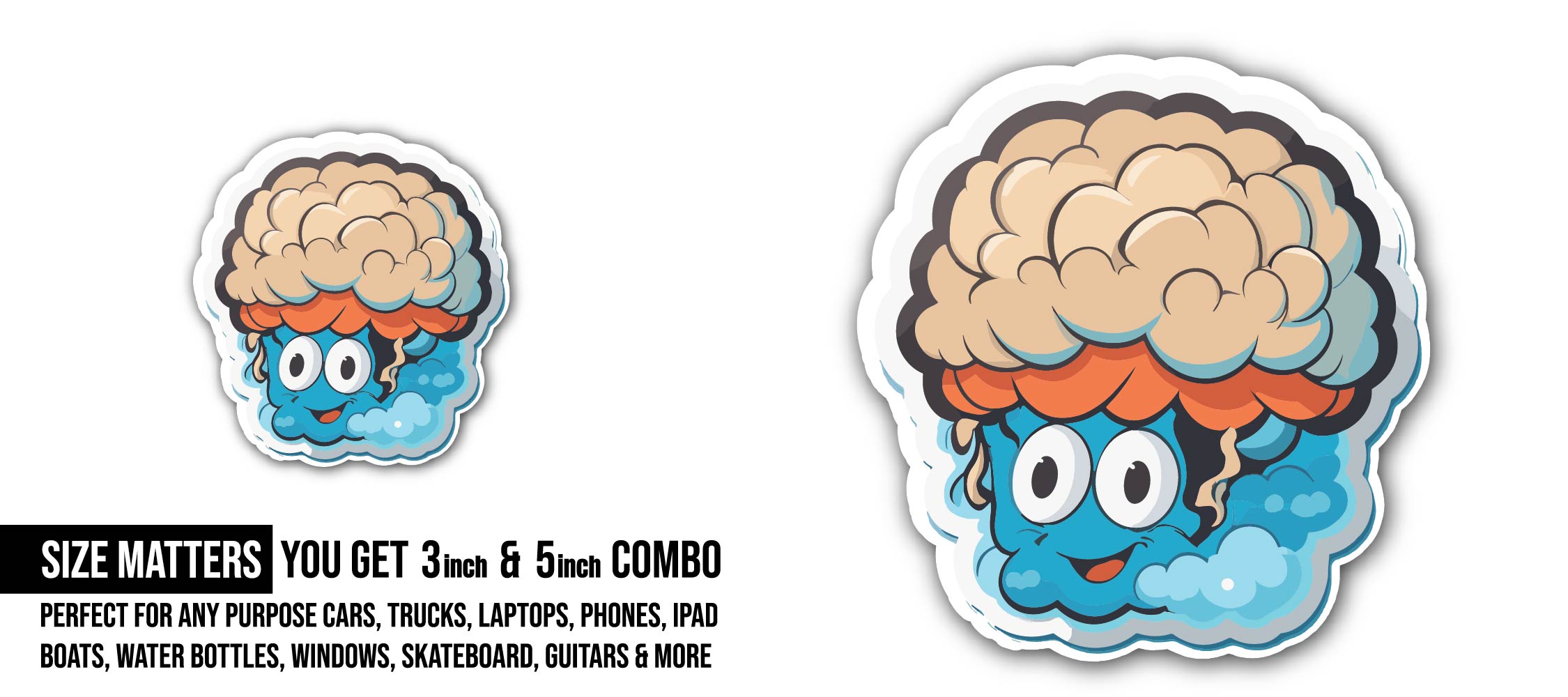Brain cartoon Sticker, Waterproof Vinyl Decal Sticker Indoor Or Outdoor 2 (Pieces) 3" and 5"
