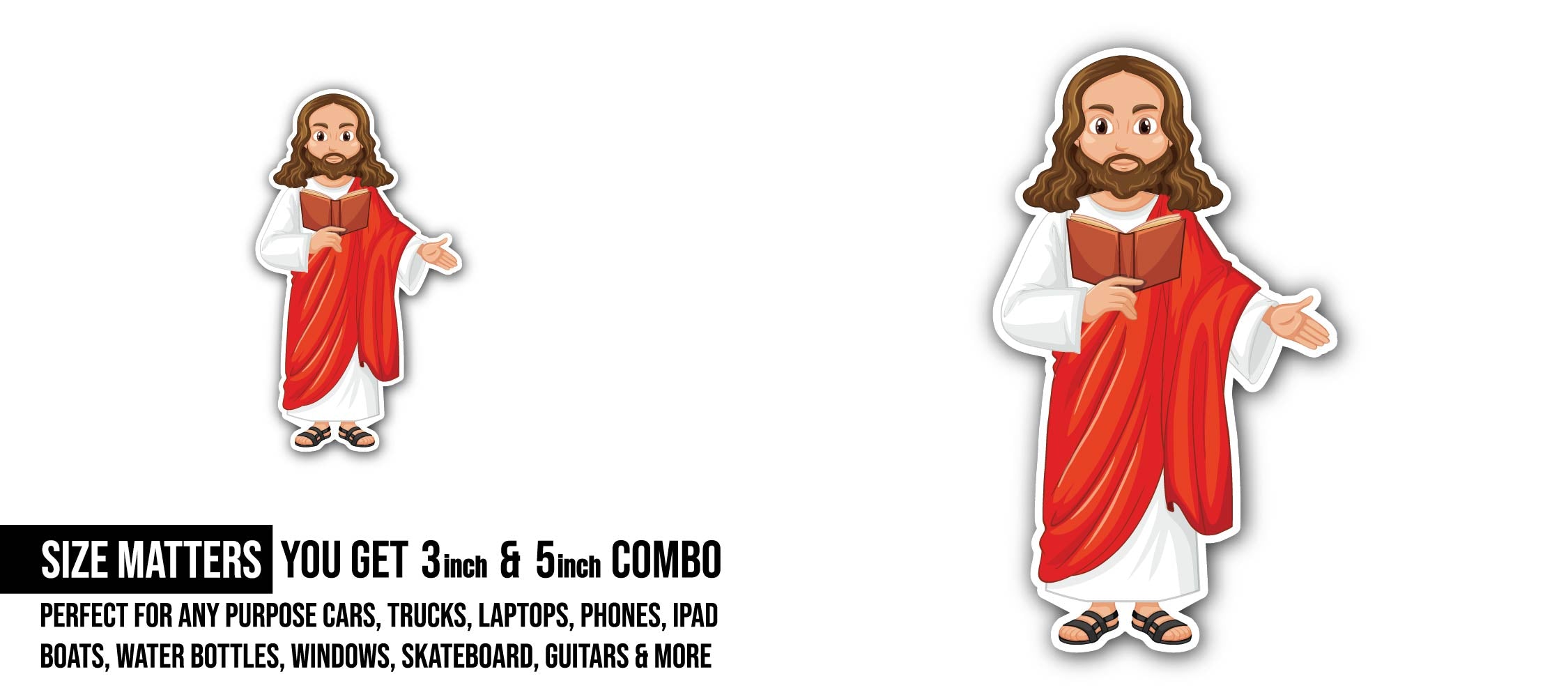 Jesus Cartoon Sticker, Waterproof Vinyl Decal Sticker Indoor Or Outdoor 2 (Pieces) 3" and 5"