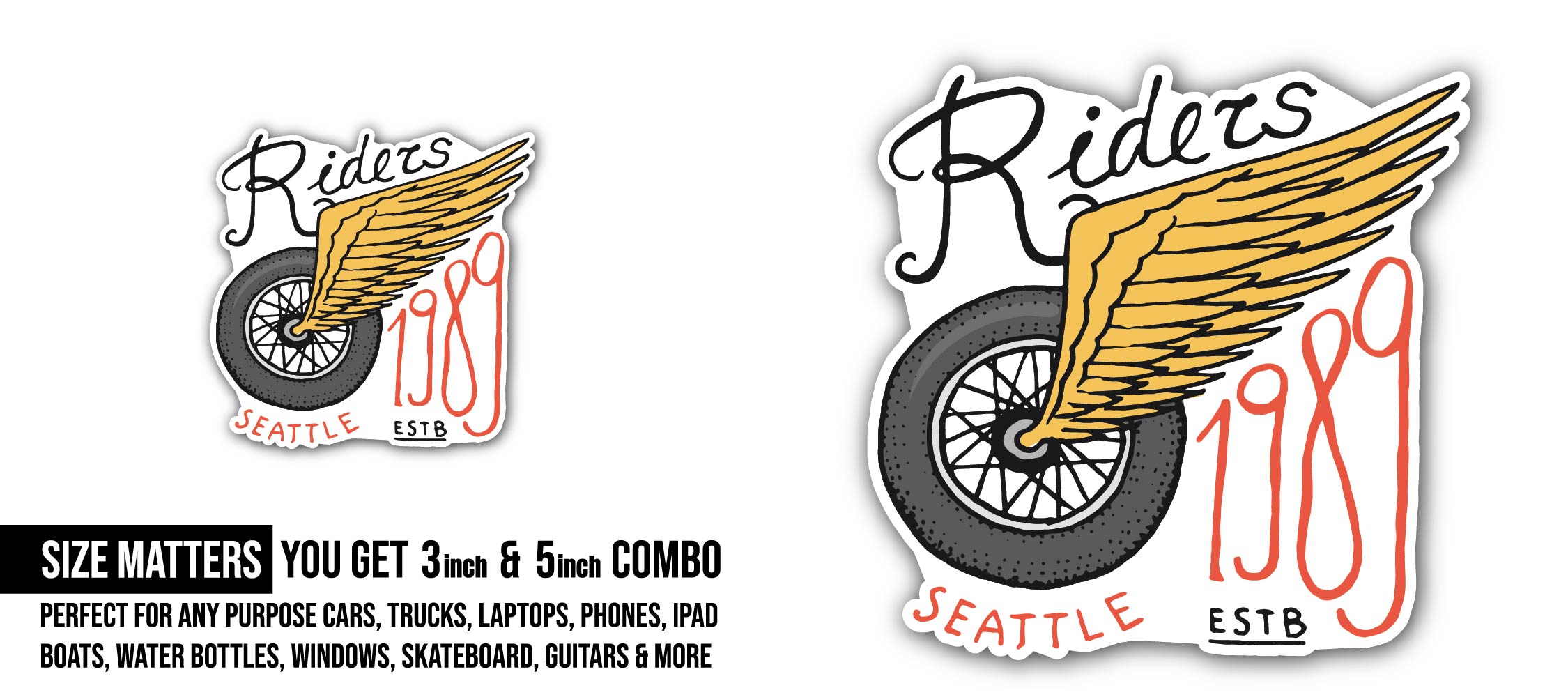 Seattle Riders 1989 Sticker, Waterproof Vinyl Decal Sticker Indoor Or Outdoor 2 (Pieces) 3" and 5"