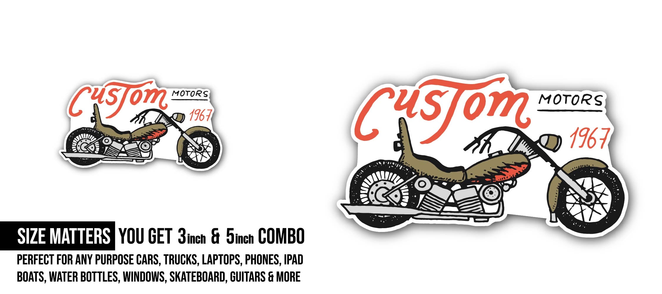 Custom Motors 1967 Sticker, Waterproof Vinyl Decal Sticker Indoor Or Outdoor 2 (Pieces) 3" and 5"