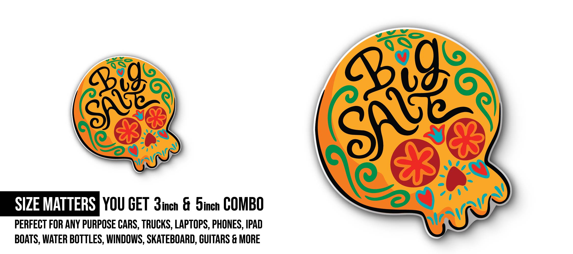 Sugar Skull Sticker, Waterproof Vinyl Decal Sticker Indoor Or Outdoor 2 (Pieces) 3" and 5"