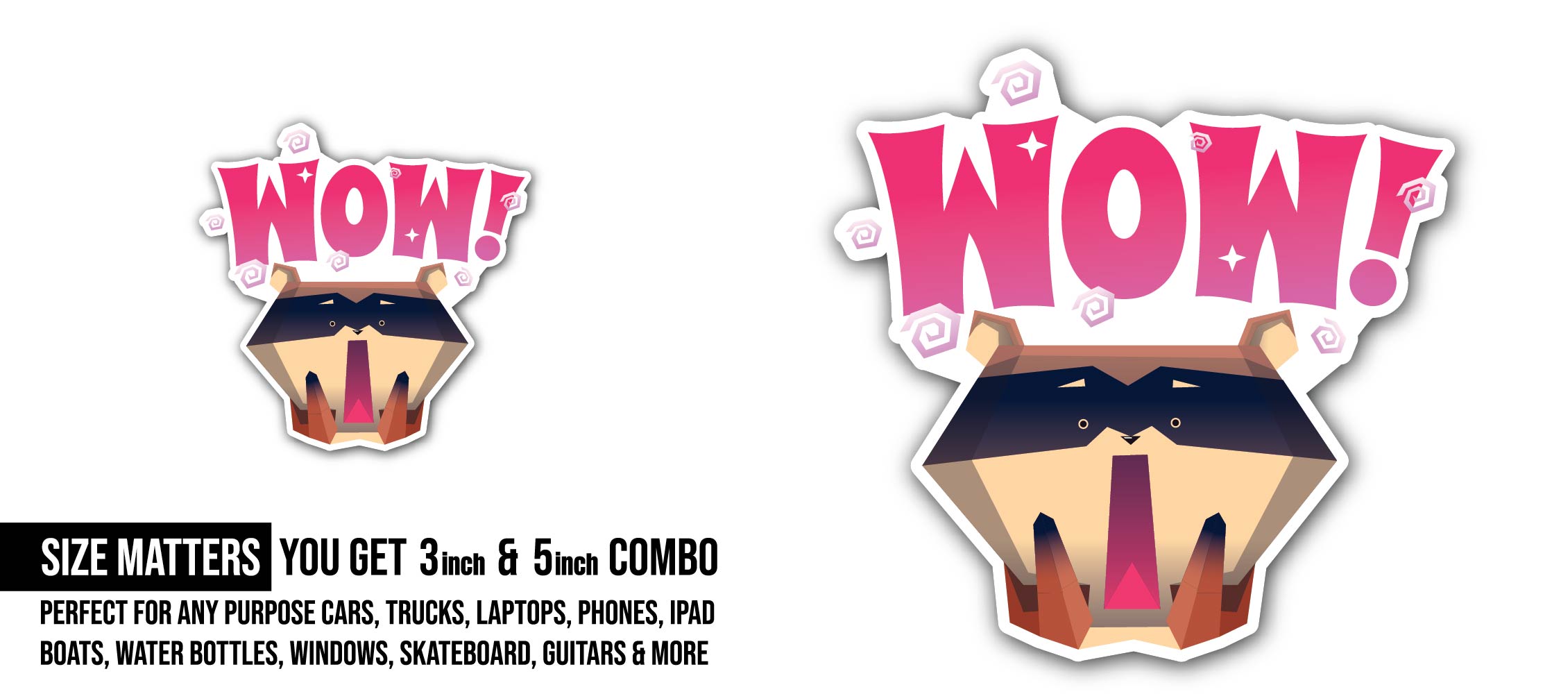 Wow Sticker, Waterproof Vinyl Decal Sticker Indoor Or Outdoor 2 (Pieces) 3" and 5"