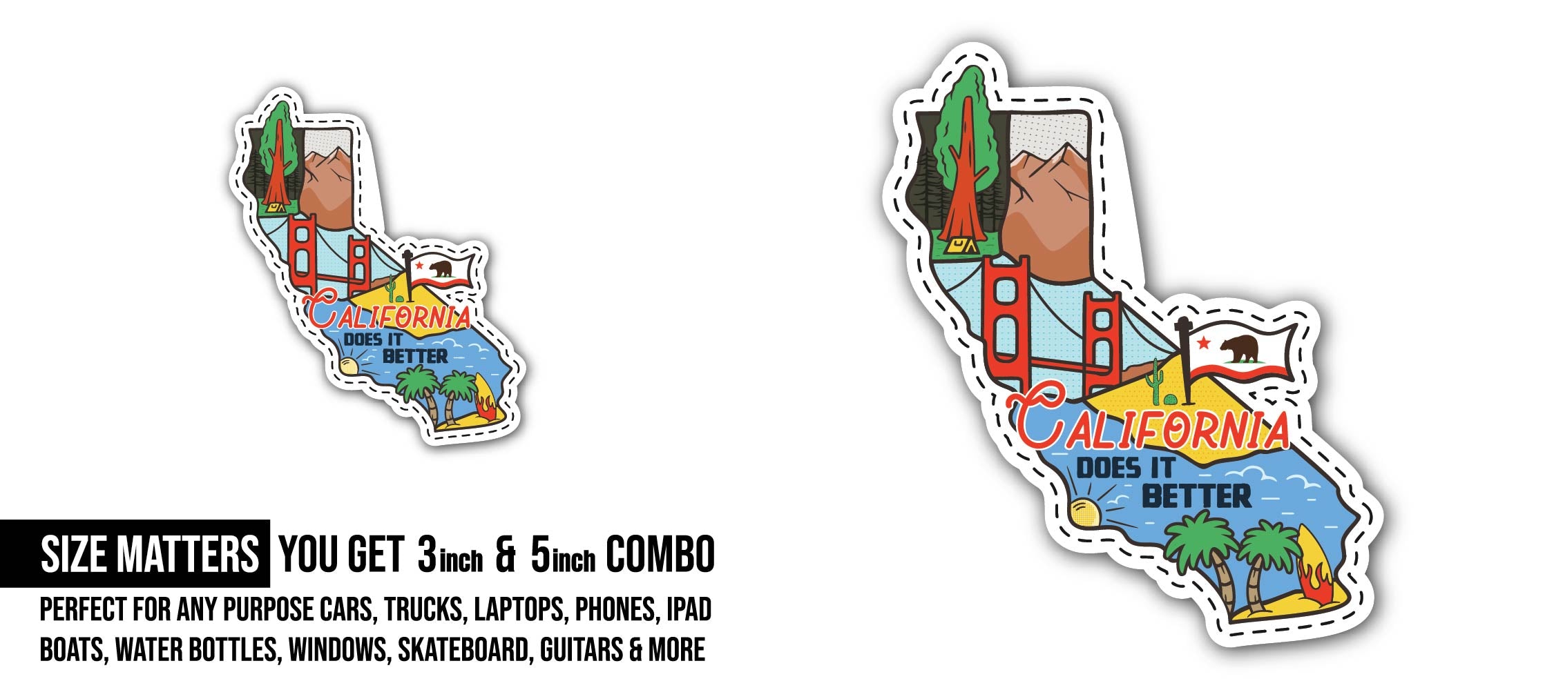 Vintage Adventure California Sticker, Waterproof Vinyl Decal Sticker Indoor Or Outdoor 2 (Pieces) 3" and 5"