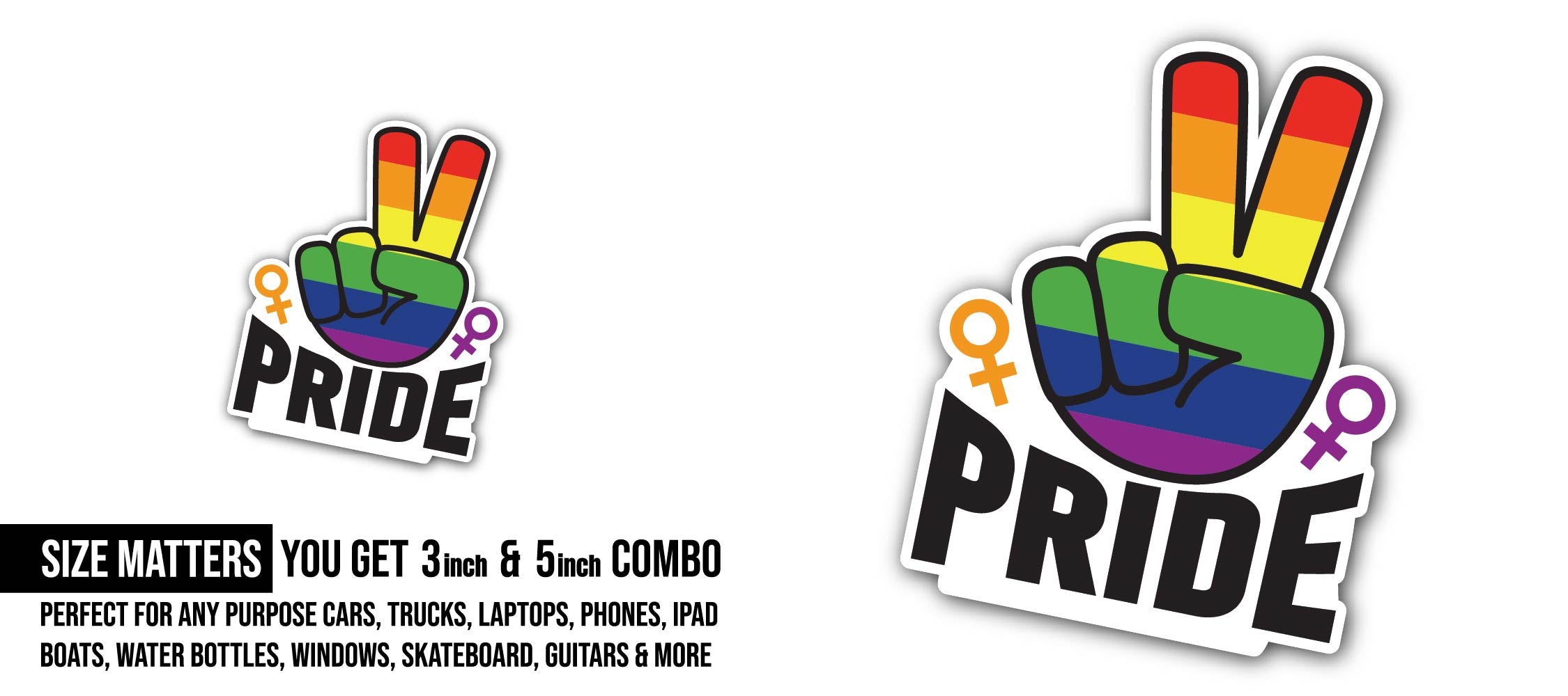 Pride Month Rainbow Hand V Sticker, Waterproof Vinyl Decal Sticker Indoor Or Outdoor 2 (Pieces) 3" and 5"