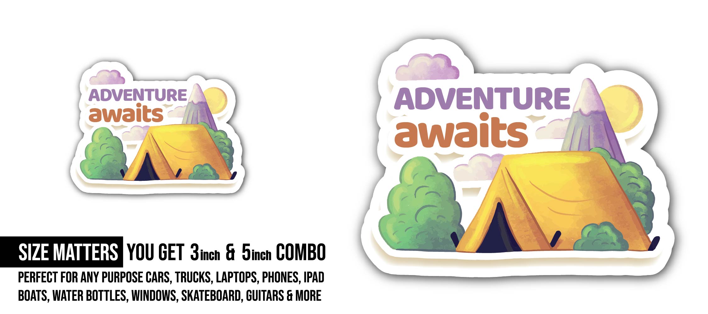 Adventure awaits Sticker, Waterproof Vinyl Decal Sticker Indoor Or Outdoor 2 (Pieces) 3" and 5"
