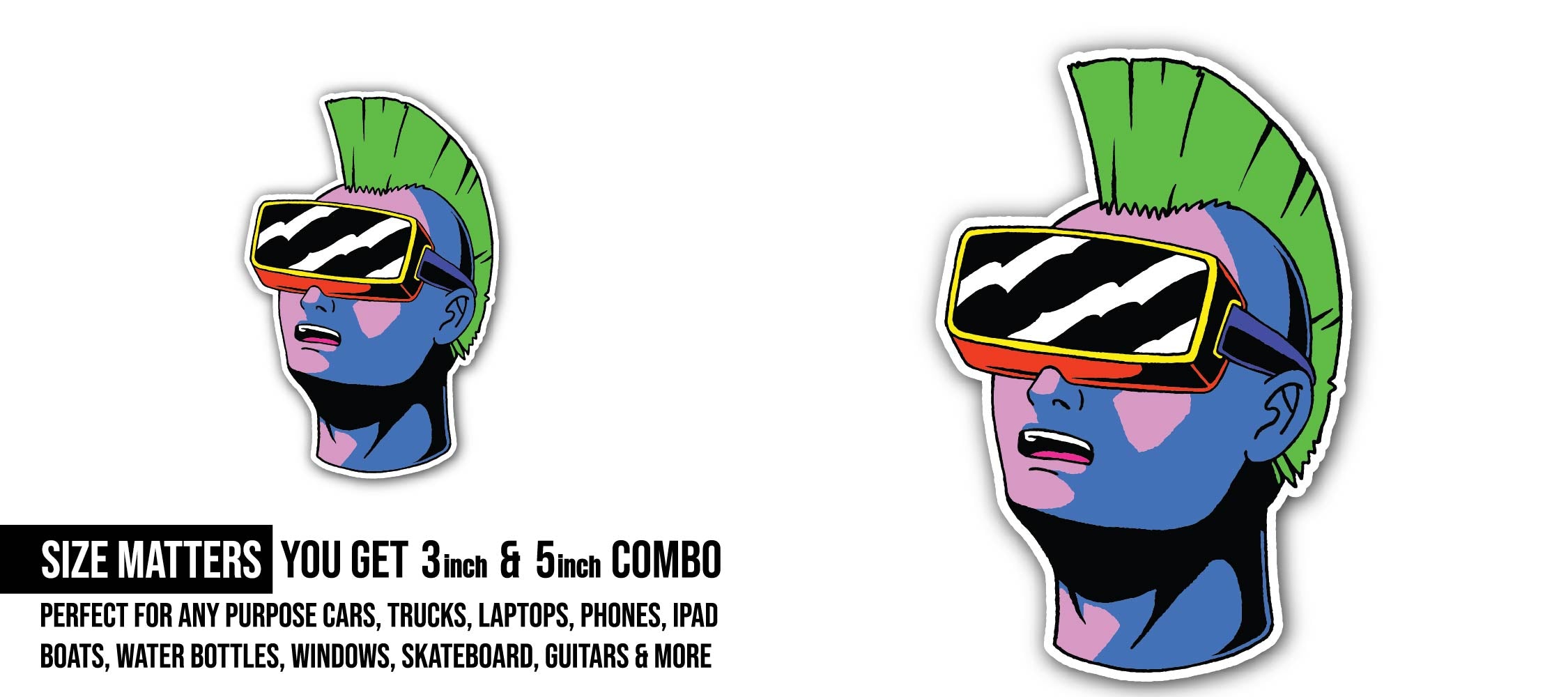 punk rock virtual reality transparent background Sticker, Waterproof Vinyl Decal Sticker Indoor Or Outdoor 2 (Pieces) 3" and 5"