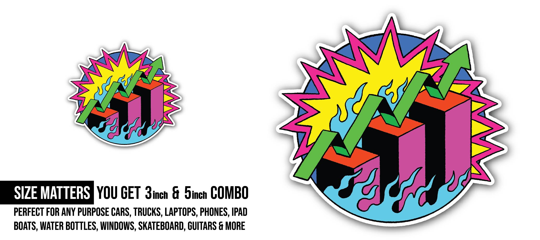 Neon Business Growth Illustration Sticker, Waterproof Vinyl Decal Sticker Indoor Or Outdoor 2 (Pieces) 3" and 5"